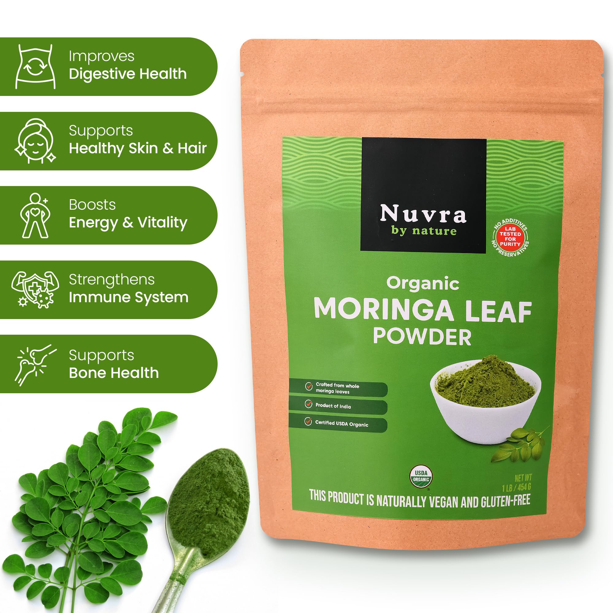 Nuvra by Nature Organic Moringa Leaf Powder - 1 lb | 100% Pure & Natural, Premium Quality Superfood for Smoothies, Tea & Lattes | Certified USDA