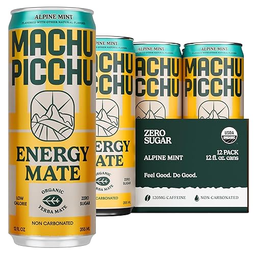 MACHU PICCHU 12-Pack-Alpine Mint Zero Sugar Energy Mate Drink - Non-Carbonated Yerba Mate, 120mg Organic Caffeine, Smooth Focus Without Jitters or