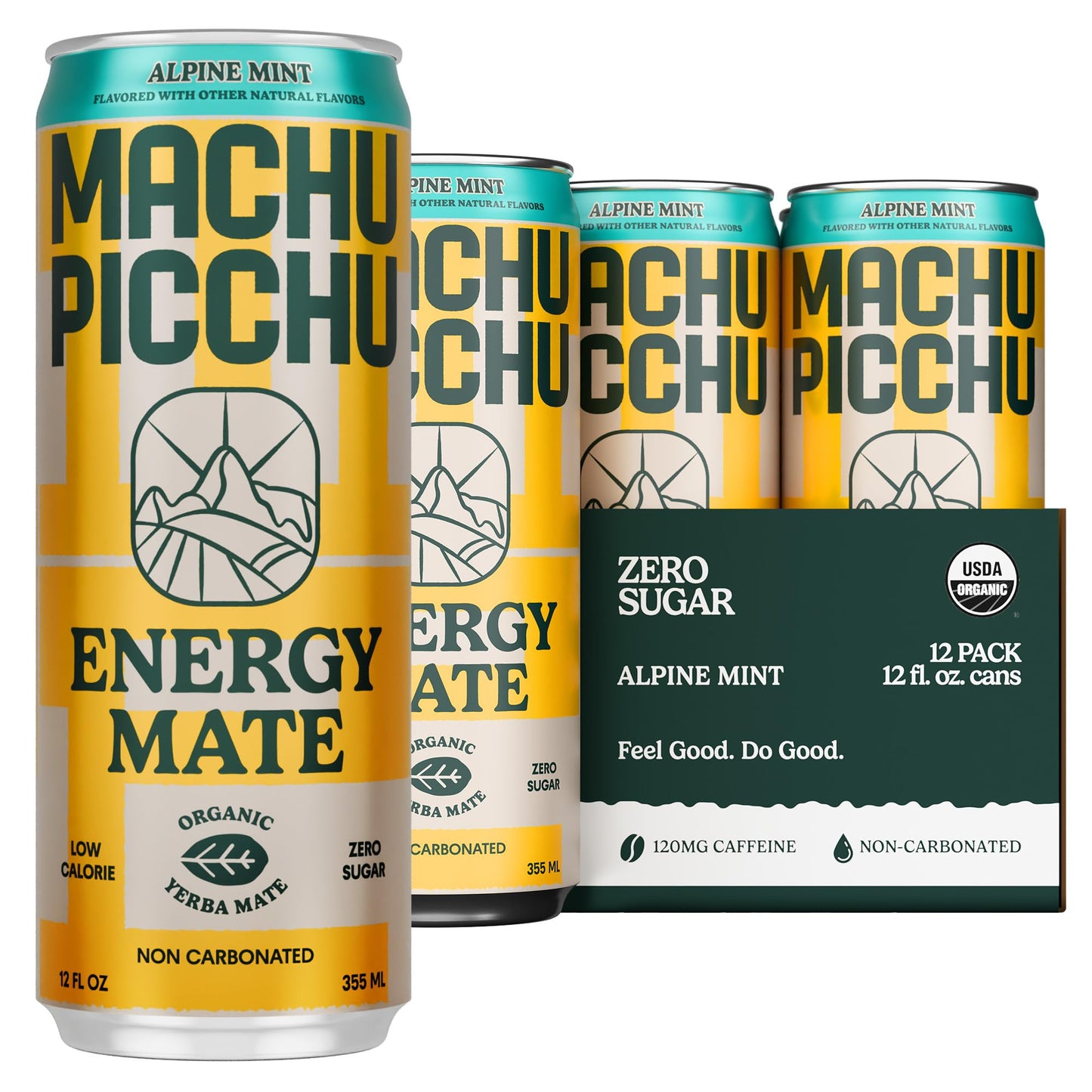 MACHU PICCHU 12-Pack-Alpine Mint Zero Sugar Energy Mate Drink - Non-Carbonated Yerba Mate, 120mg Organic Caffeine, Smooth Focus Without Jitters or