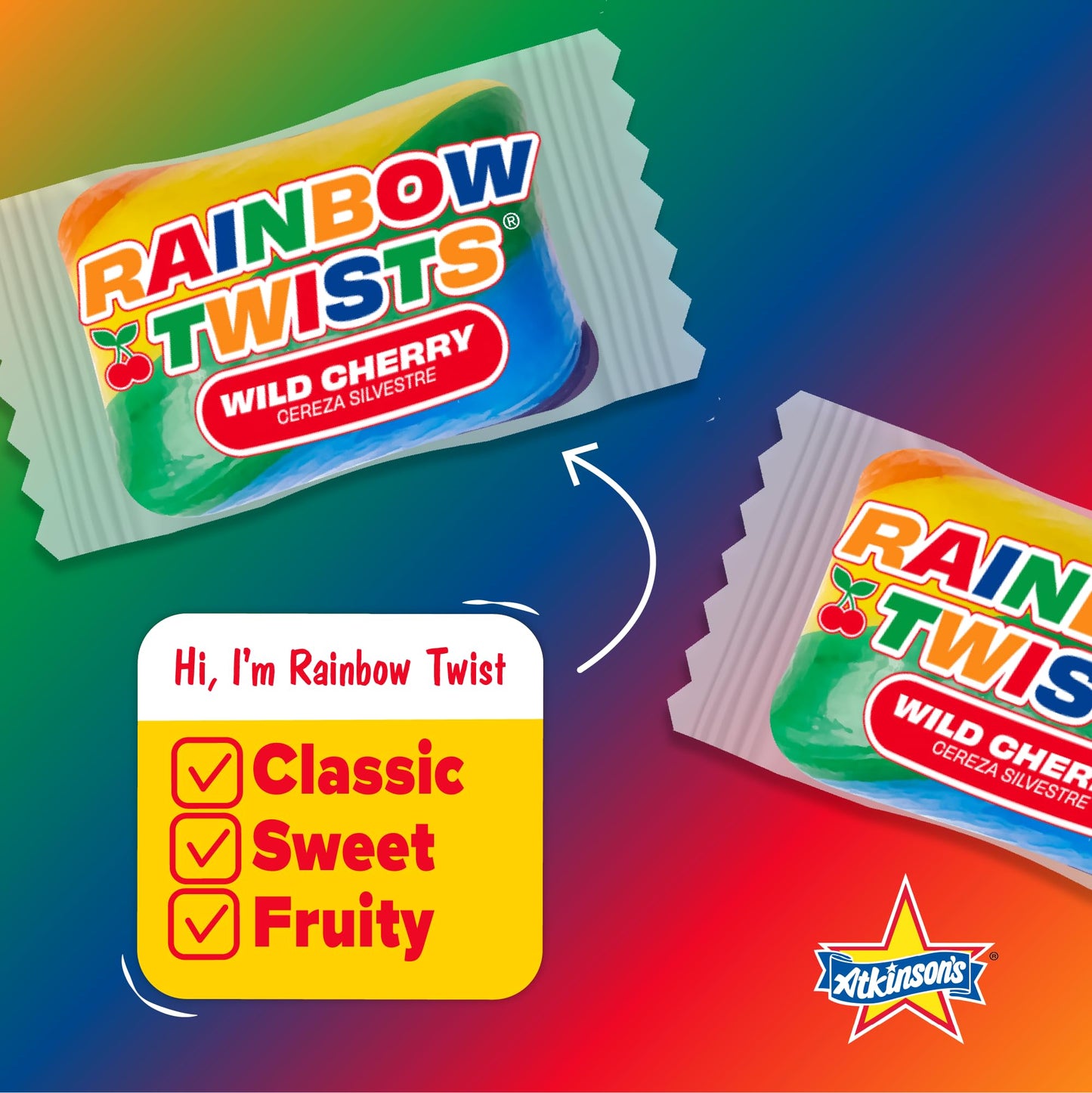 Atkinson's Rainbow Twists - Cherry Flavored Rainbow Candy - Gluten Free, Kosher, Vegan - Bite Size Candy - 2 lb. Laydown Bag