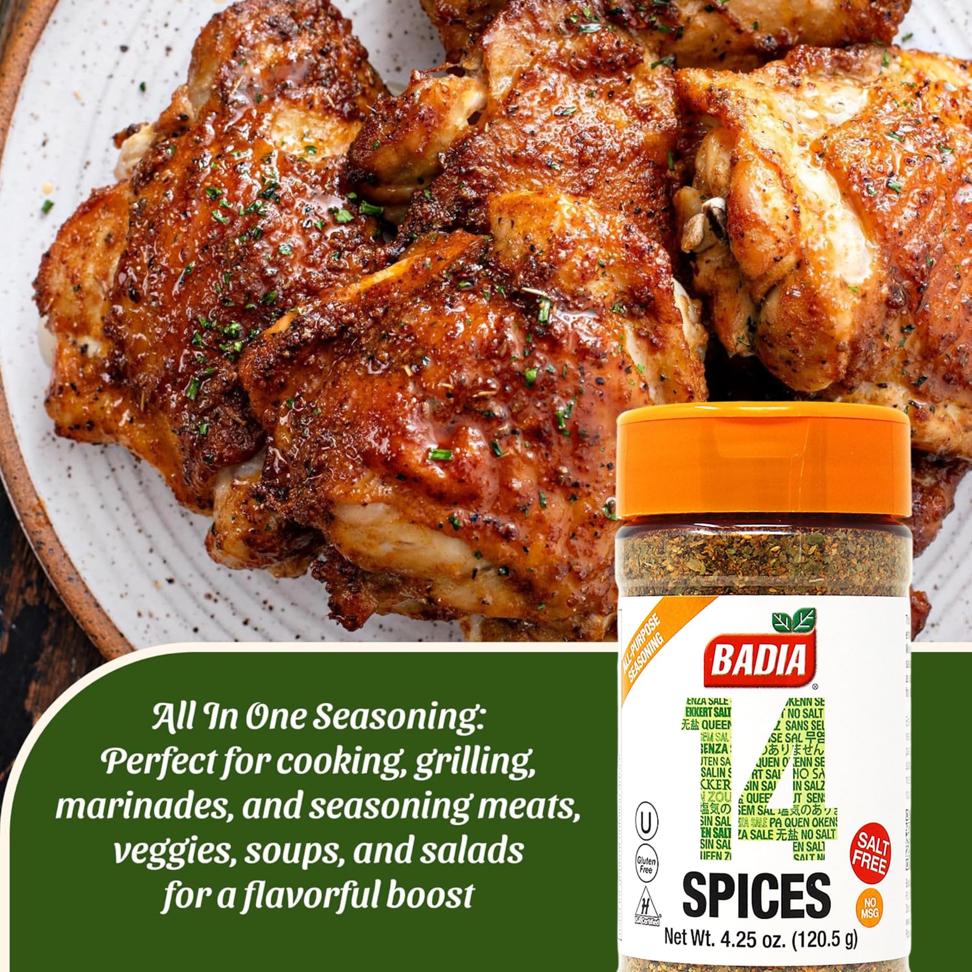 Badia 14 Spices Salt-Free All Purpose Seasoning, 4.25 oz - Savory Blend of Garlic, Onion, Herbs, Spices & Peppers