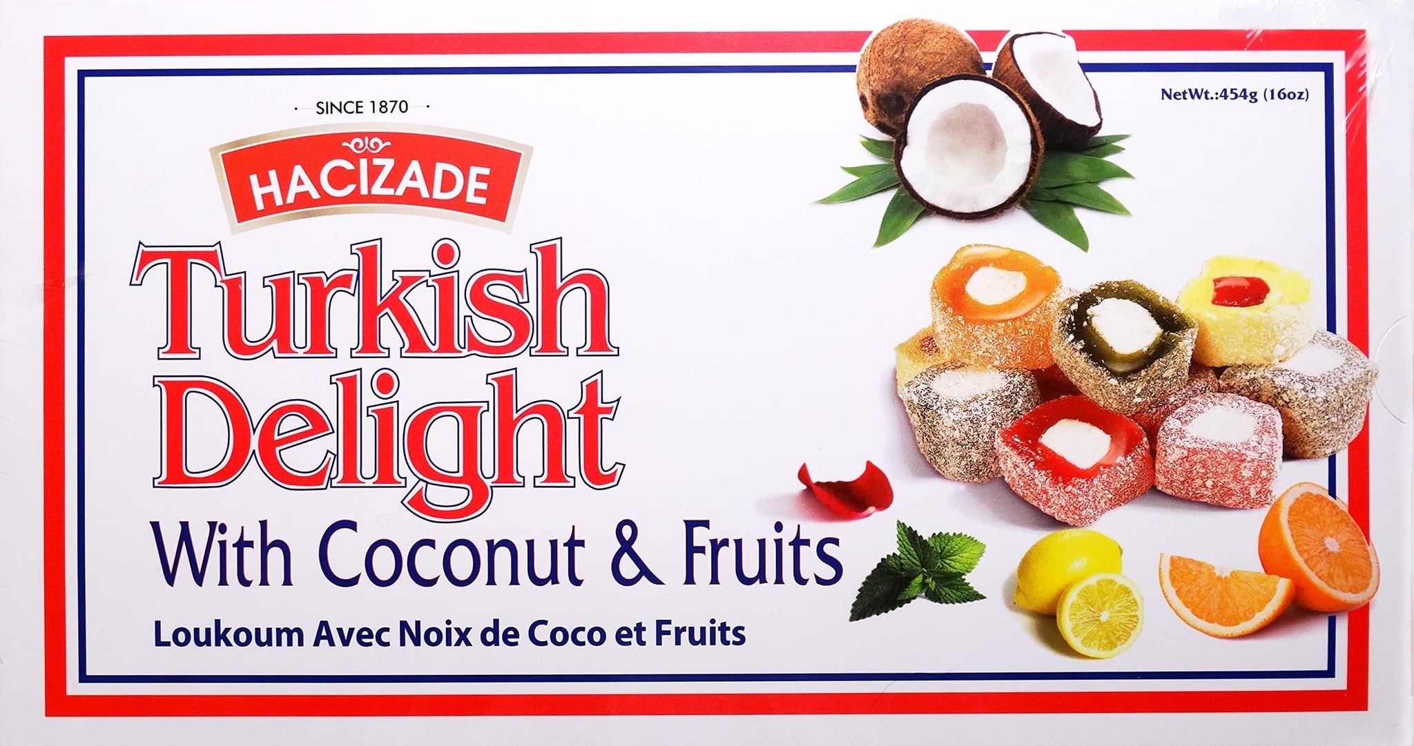 Hacizade Turkish Delight With Mixed Fruit Coconut Covered 454gr, (1 pound)