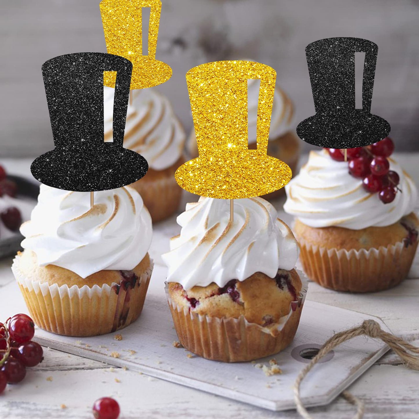 24PCS Tophat Cupcake Toppers, Hat Cupcake Topper for Boys, Little Boy Food Picks, Magic Themed Birthday Party Decoration - Black & Gold Glitter