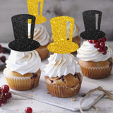 24PCS Tophat Cupcake Toppers, Hat Cupcake Topper for Boys, Little Boy Food Picks, Magic Themed Birthday Party Decoration - Black & Gold Glitter