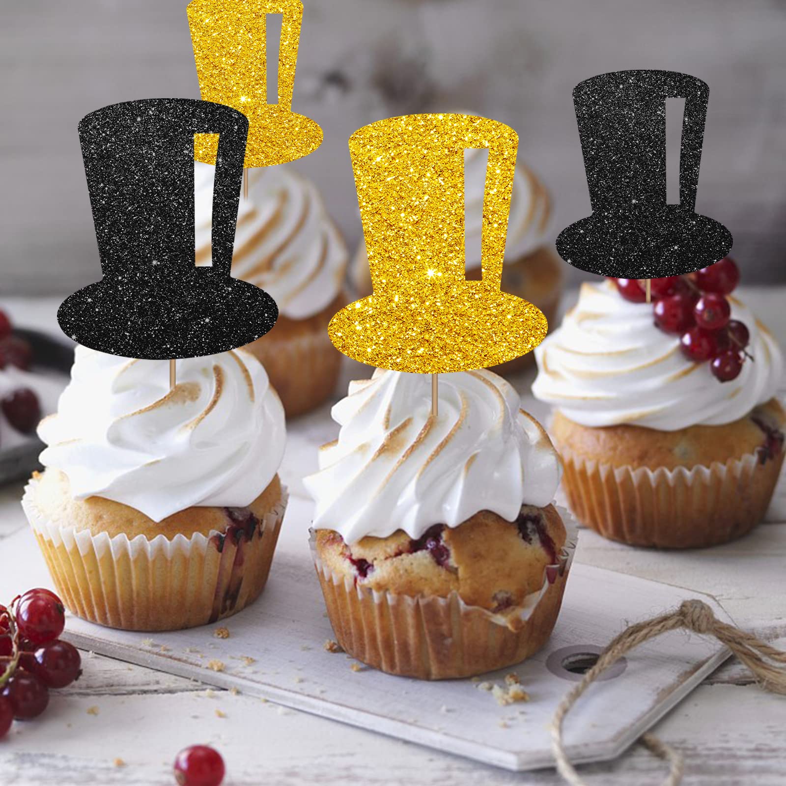 24PCS Tophat Cupcake Toppers, Hat Cupcake Topper for Boys, Little Boy Food Picks, Magic Themed Birthday Party Decoration - Black & Gold Glitter