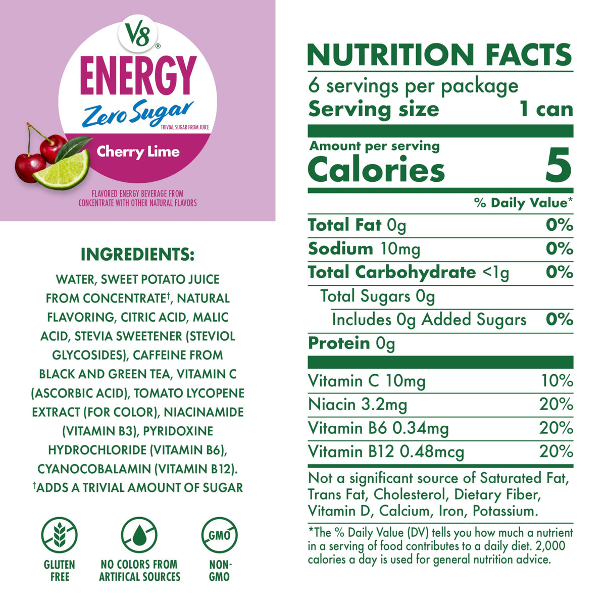 V8 Energy Zero Sugar Cherry Lime Energy Drink 8 fl. oz. Can (24 Pack)