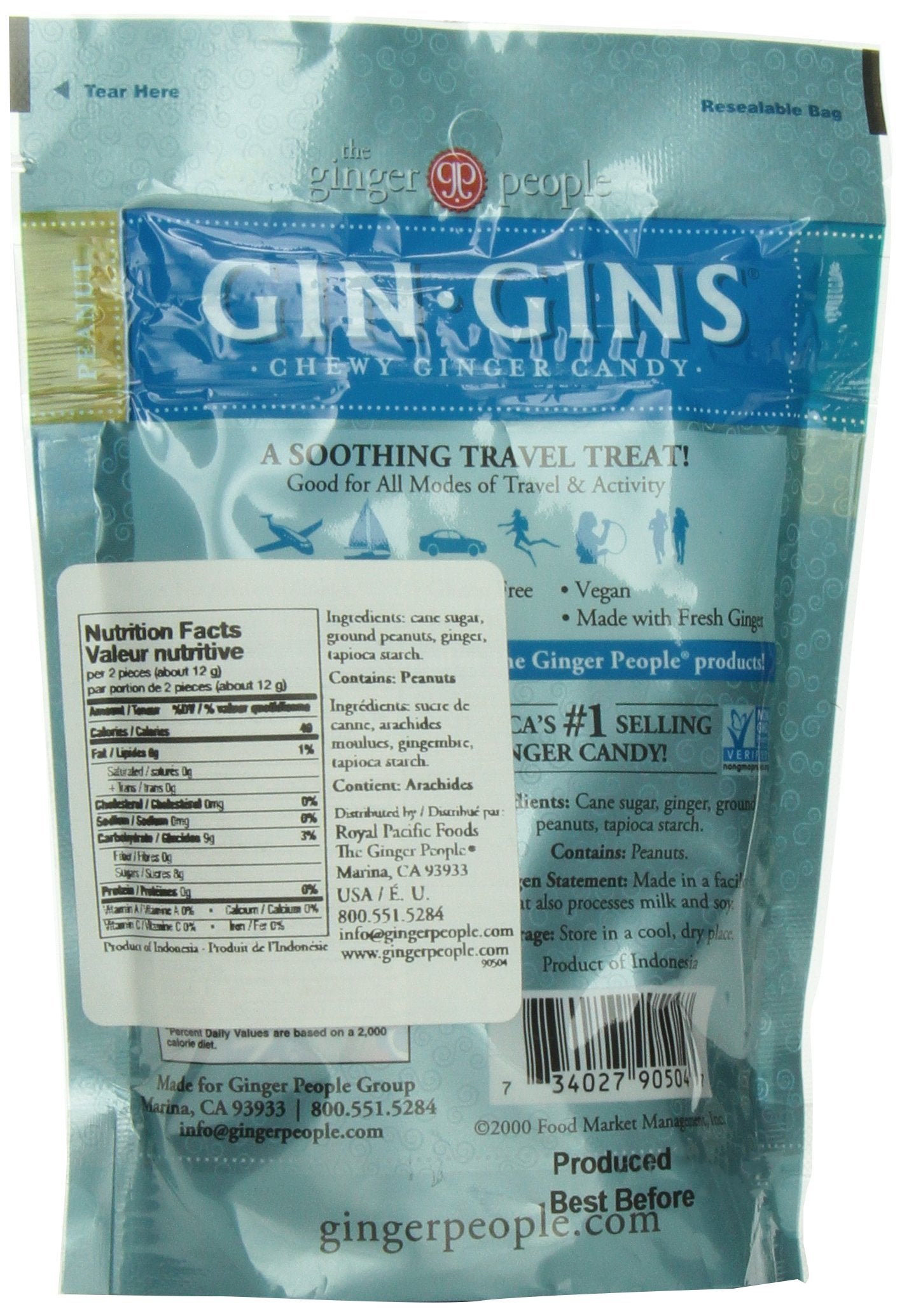 GIN GINS Peanut Ginger Chew Candy by The Ginger People - Individually Wrapped Healthy Candy - 3 oz Bag - Pack of 24