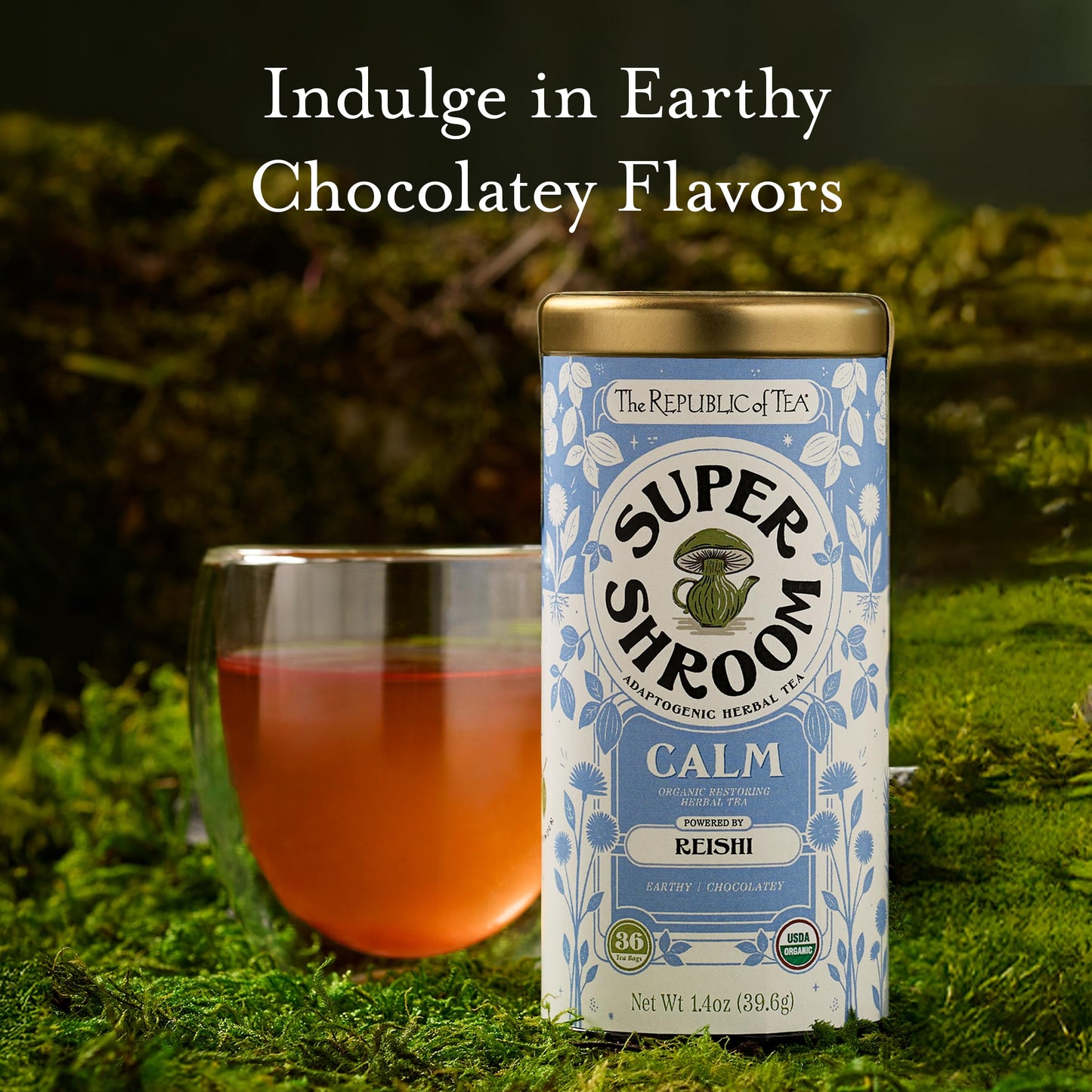 The Republic of Tea SuperShroom Calm Reishi Herbal Tea, Organic Rooibos, Cocoa and Dandelion Root Blend, Low Caffeine, Unbleached Tea Bags in Reusable