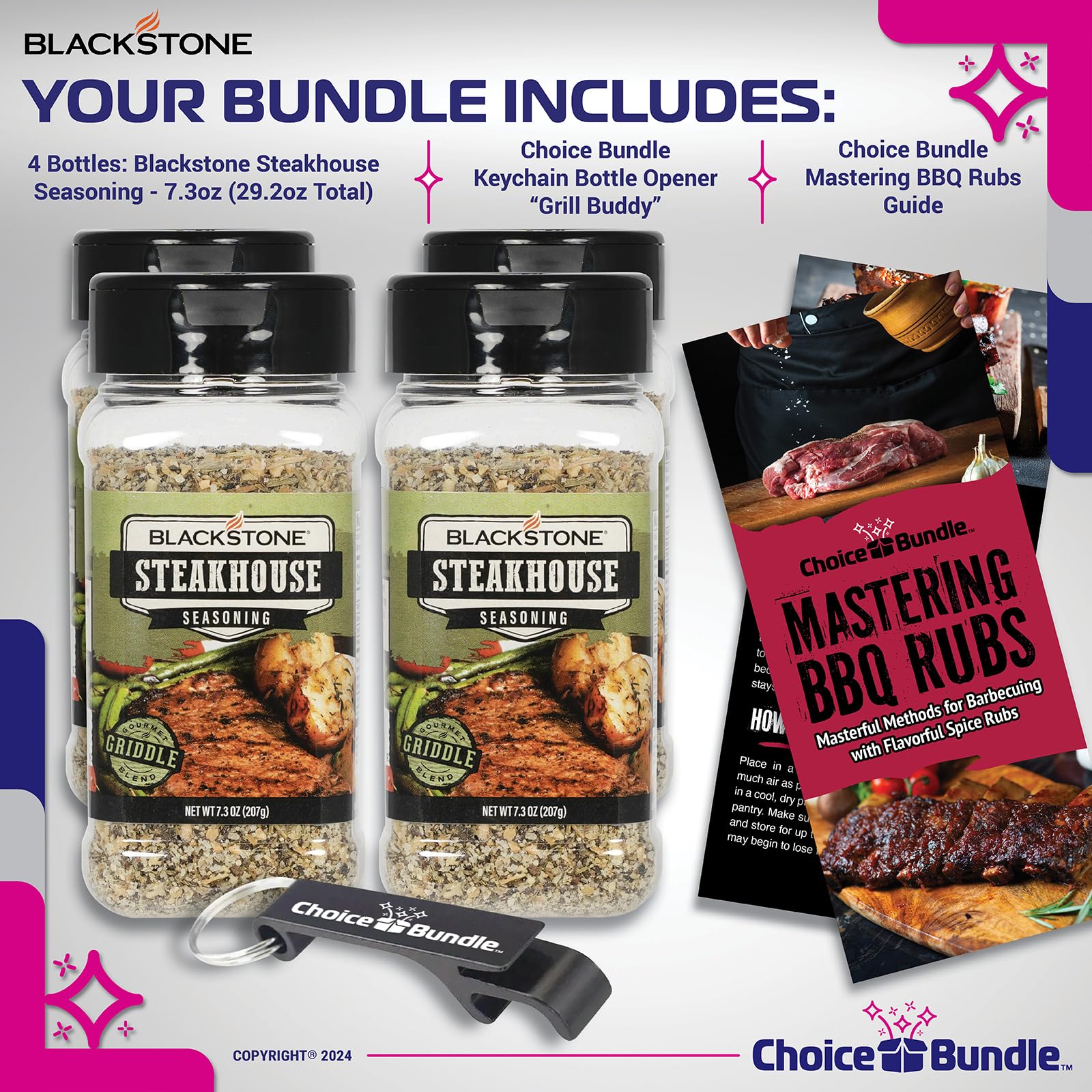 Blackstone Steakhouse Seasoning - Gourmet Griddle Premium Barbecue Rub 4 Pk (29.2 oz) + BBQ Masters & Opener (6 Items)!