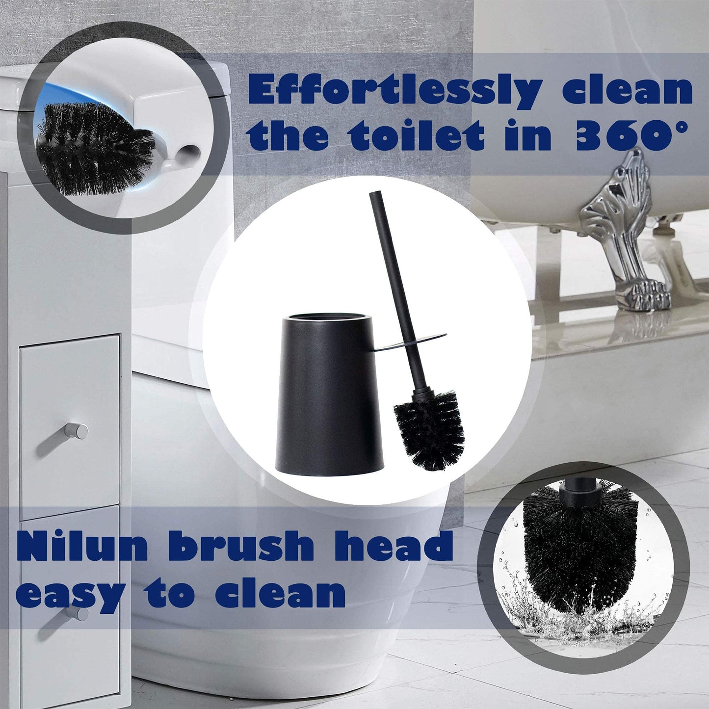 Toilet Brush and Holder,Dirt-Resistant and Durable Black Nylon Bristles,Toilet Bowl Brush with Waterproof Handle, Bathroom Deep Cleaning Tool (Black)