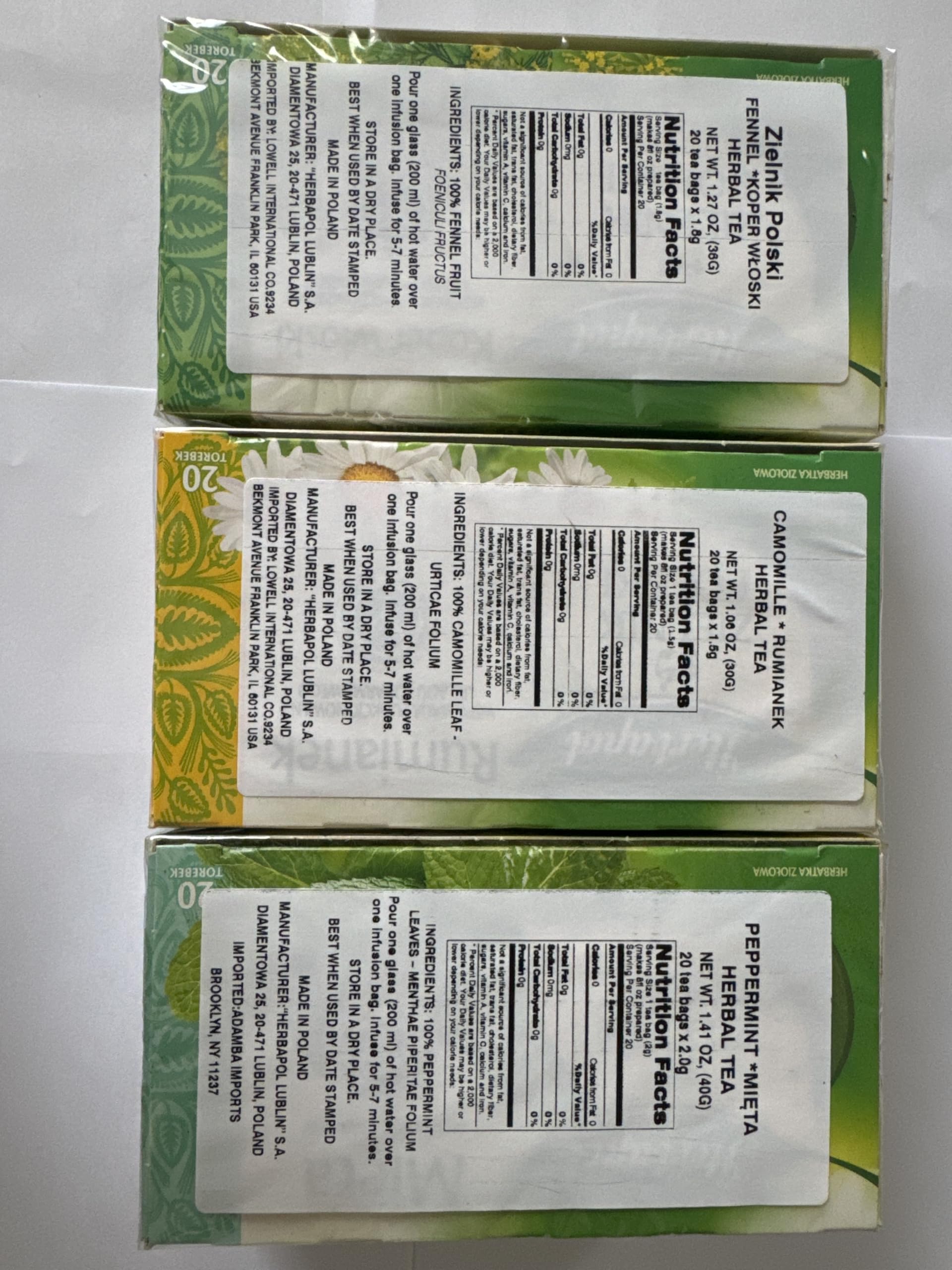 HERBAPOL Lublin HERBAL TEA (Variety Pack). FENNEL, MINT, CHAMOMILE. Koper Wloski, Mieta, Rumianek. Natural Herbal Tea - 20 Tea Bags Each. Product from