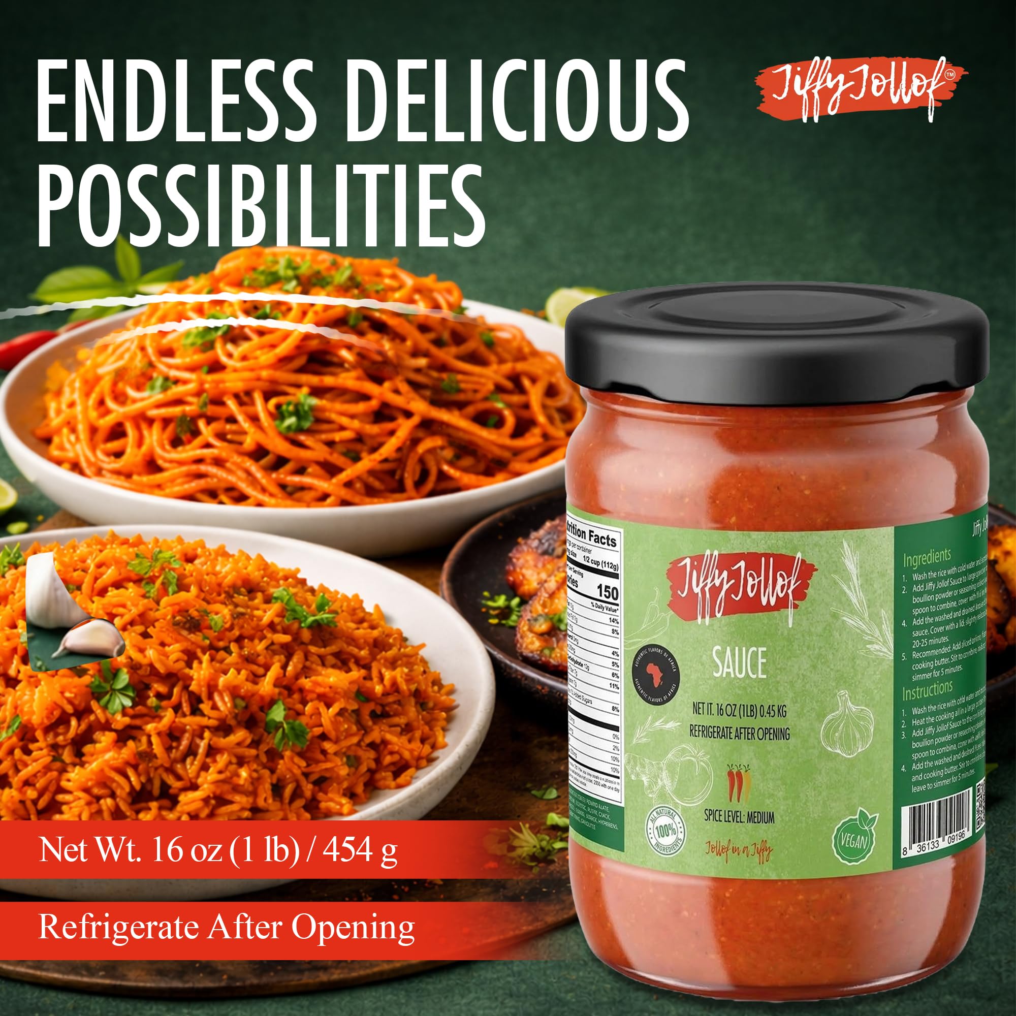 Jiffy Jollof Vegan Sauce, Authentic Nigerian Tomato Pepper Blend for One-Pot Meals, Spicy Pasta, Roasted Bell Pepper Stew, Hot Cooking Sauce, 16oz