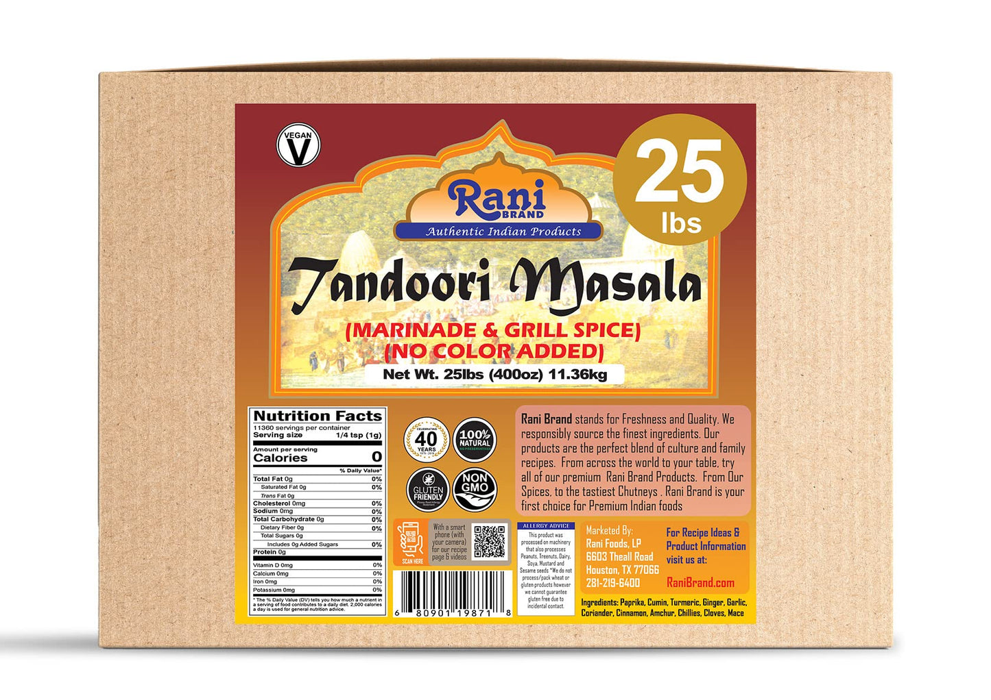 Rani Tandoori Masala (Natural, No Colors Added) Indian 11-Spice Blend 400oz (25lbs) 11.36kg Bulk Box ~ Salt Free | Vegan | Gluten Friendly | NON-GMO |
