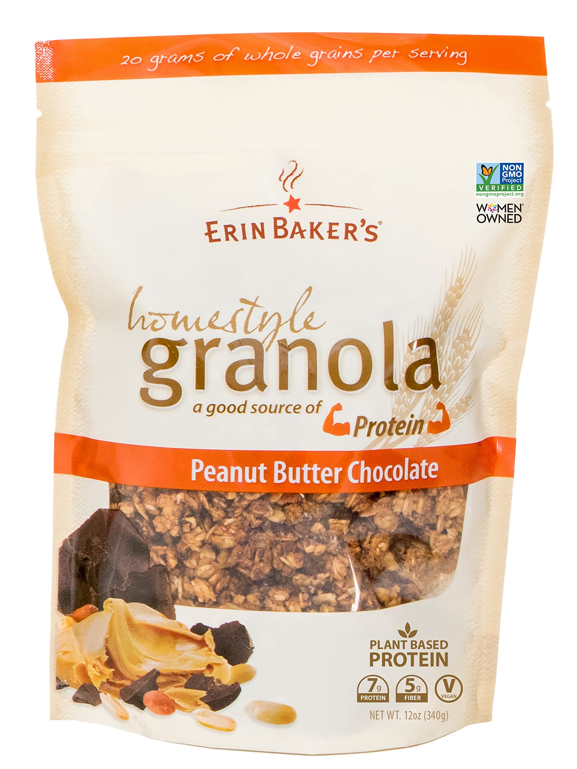 Erin Baker's, Homestyle Granola Peanut Butter Chocolate, Vegan, Ancient Grains, Non-GMO Granola, 12 Oz Bag