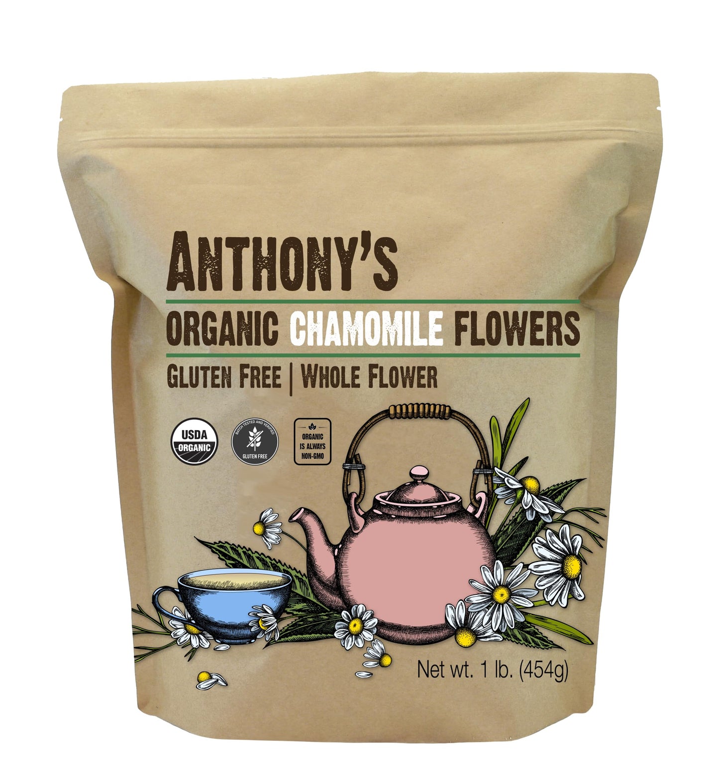 Anthony's Organic Chamomile Flowers, 1 lb, Whole, Loose Leaf, Gluten Free, Non GMO, Non Irradiated