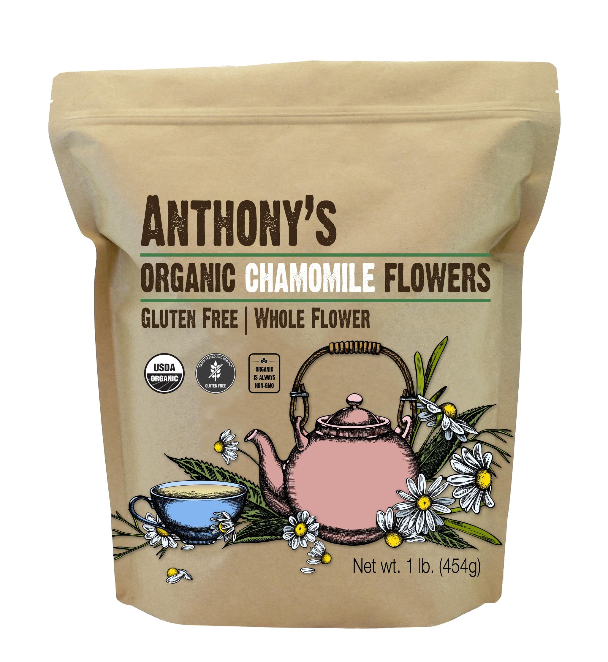 Anthony's Organic Chamomile Flowers, 1 lb, Whole, Loose Leaf, Gluten Free, Non GMO, Non Irradiated
