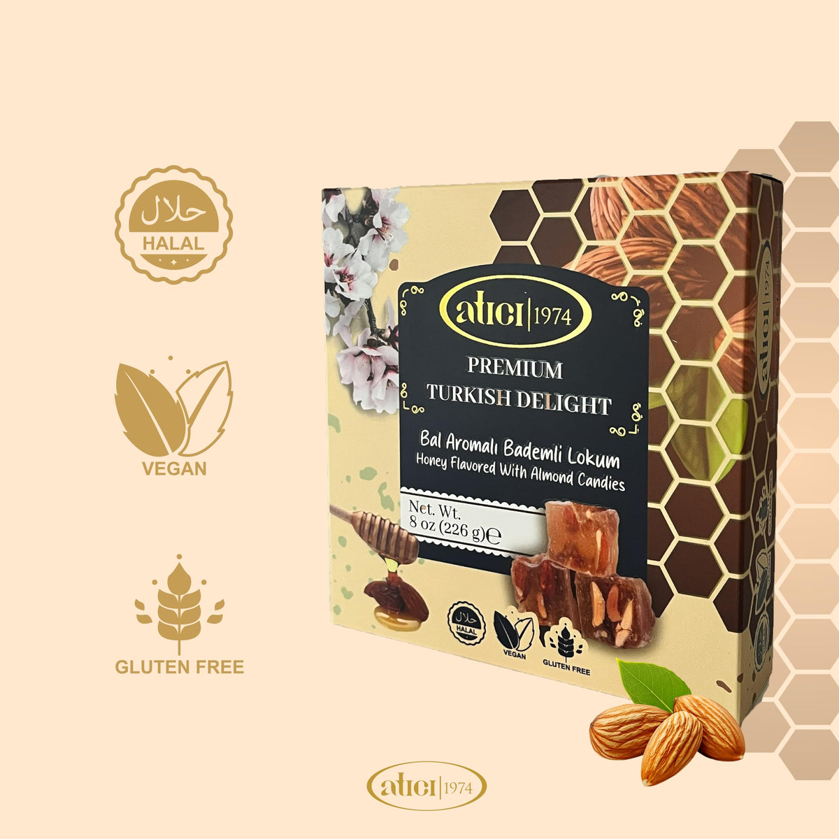 Atici Lokum Authentic Turkish Delight 8oz - Gourmet Vegan Sweets, Gluten-Free, Halal Soft Chewy Candy Gift Box | Traditional Premium Lokum Loukoumi