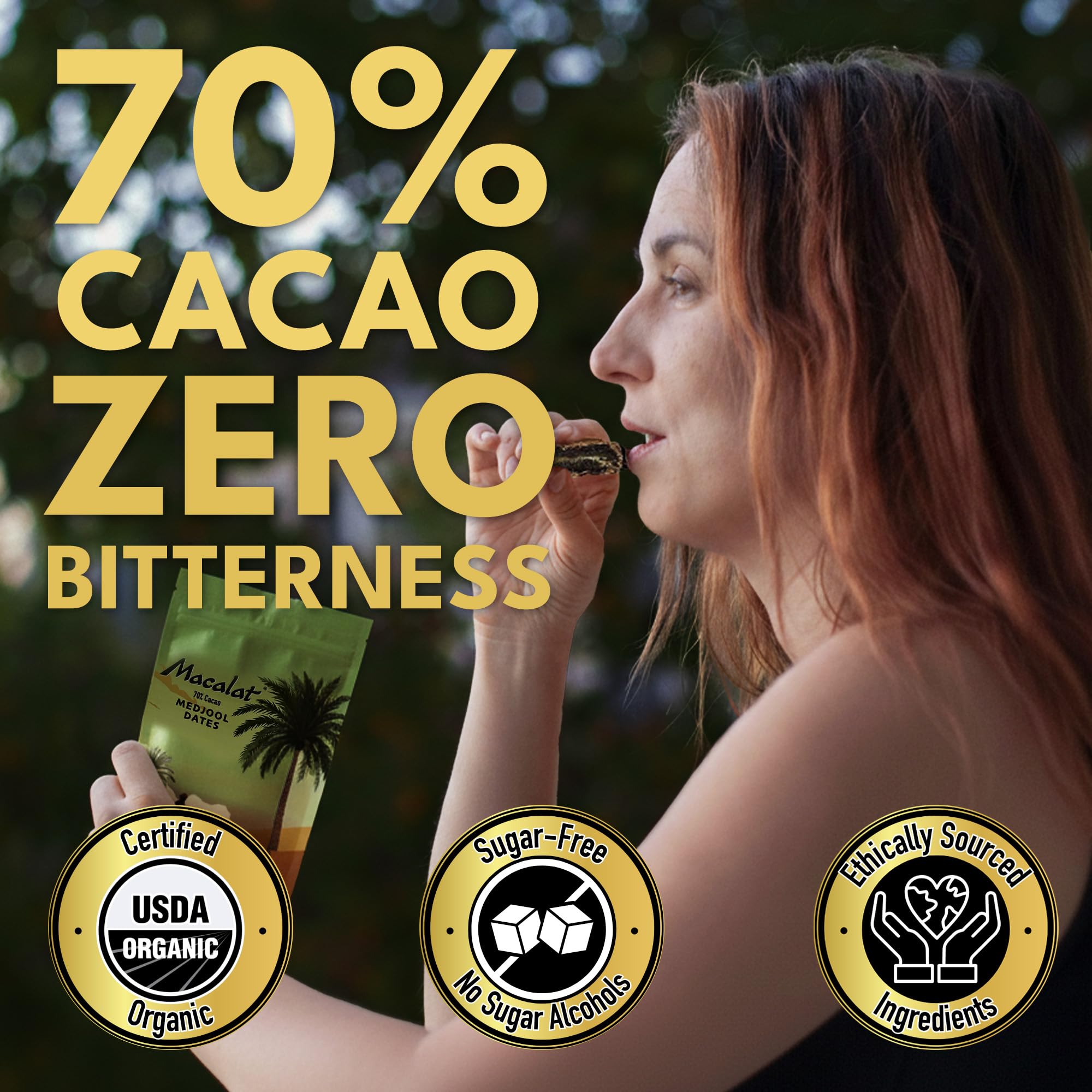 Macalat Organic Medjool Dates Pouch, Sweet Dark Chocolate Covered Dates, 70% Peruvian Cacao Date Bites, No Added Sugar, High Potassium and Fiber