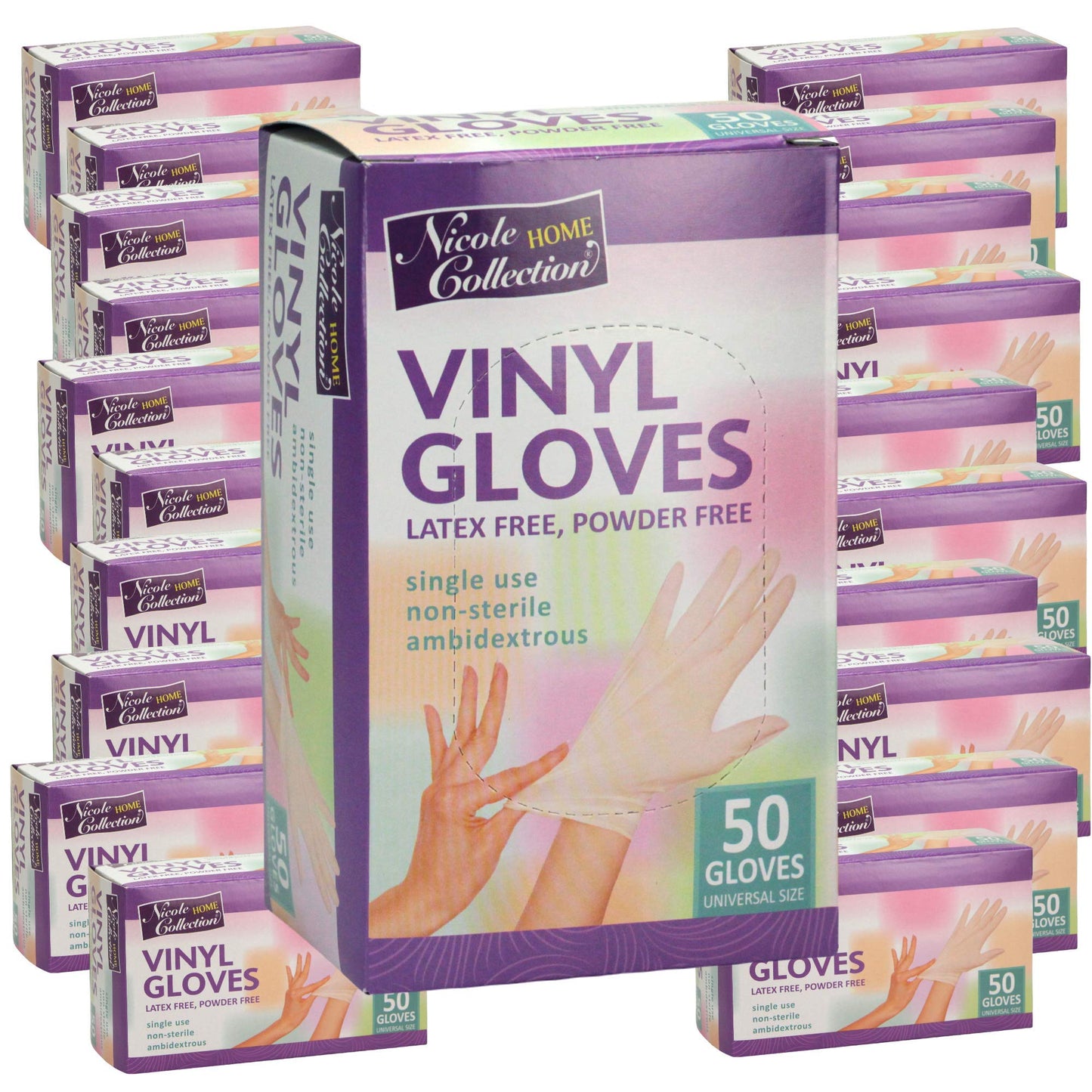 Nicole Home Collection 50 Count Vinyl Gloves | Universal Size | Latex Free | Powder Free