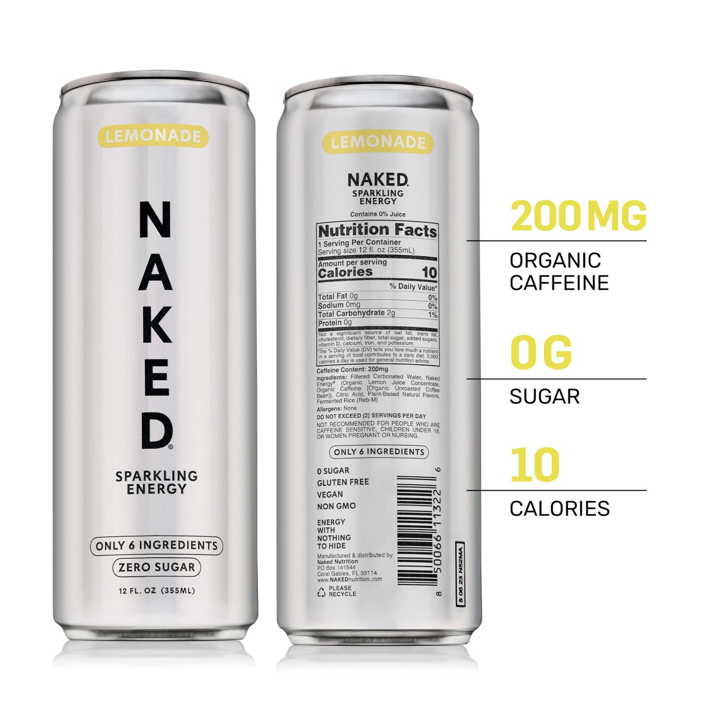 Naked Sparkling Energy Drink - Lemonade, Organic Caffeine, Organic Lemon Juice, Zero Sugar, No Sucralose, Naturally Sweetened, Clean Energy Drinks