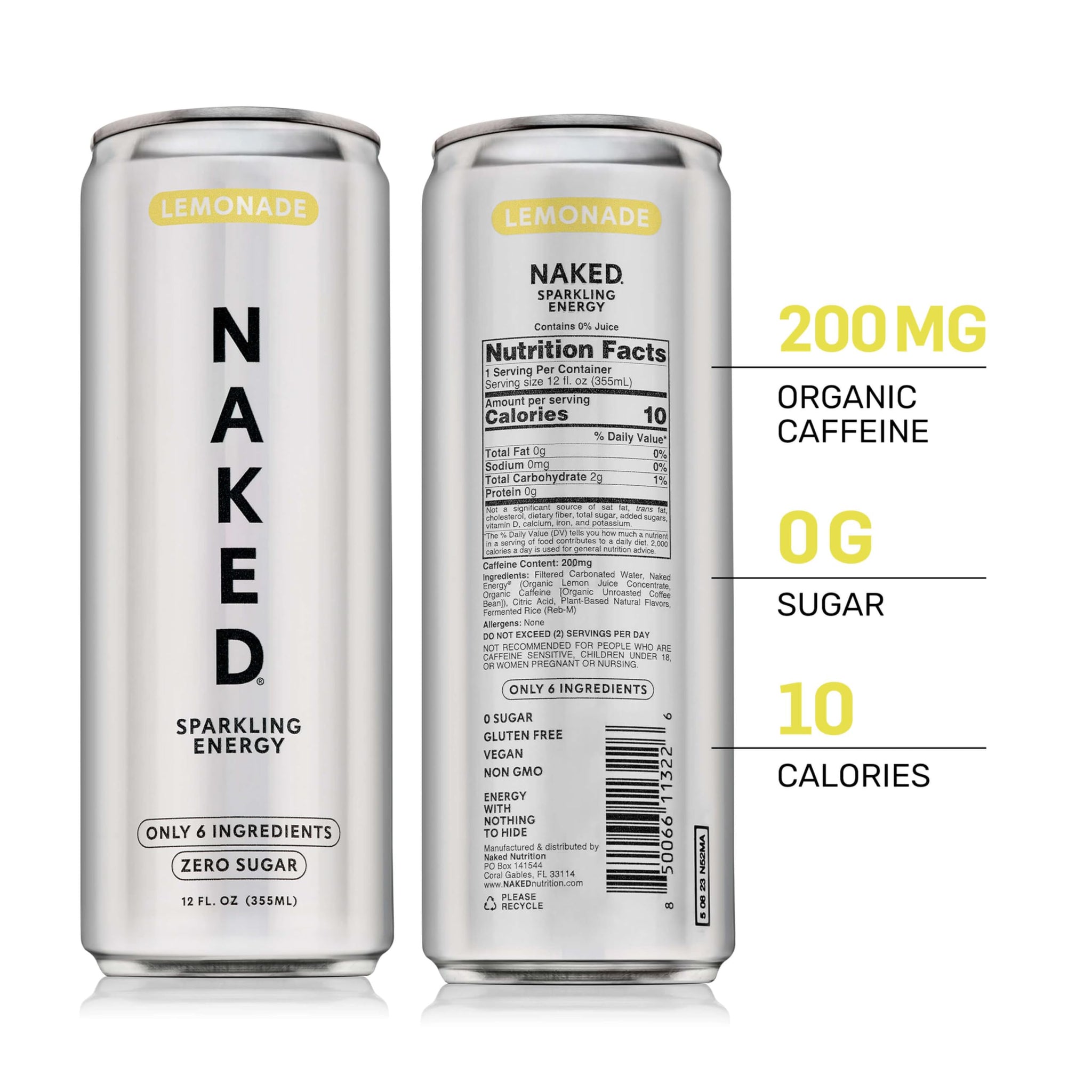 Naked Sparkling Energy Drink - Lemonade, Organic Caffeine, Organic Lemon Juice, Zero Sugar, No Sucralose, Naturally Sweetened, Clean Energy Drinks