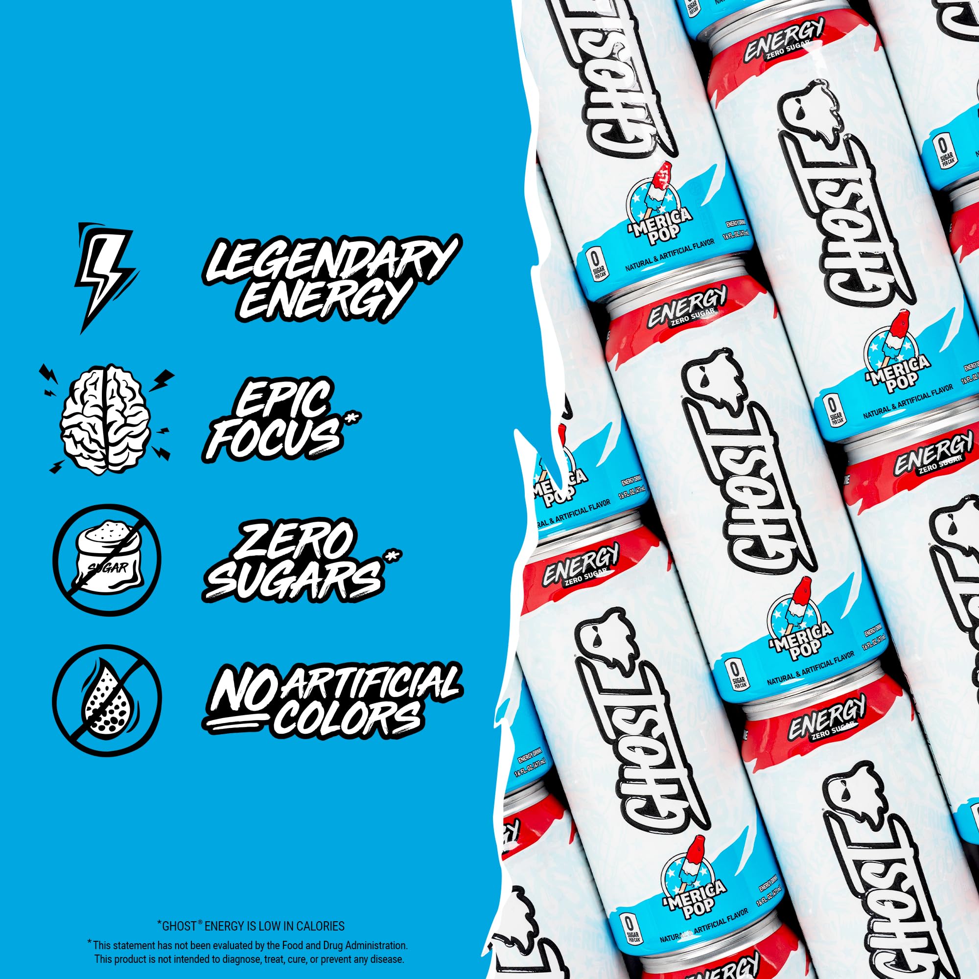 GHOST Energy Drink - 12-Pack, 'Merica Pop, 16oz Cans - Energy & Focus & No Artificial Colors - 200mg of Natural Caffeine, L-Carnitine & Taurine