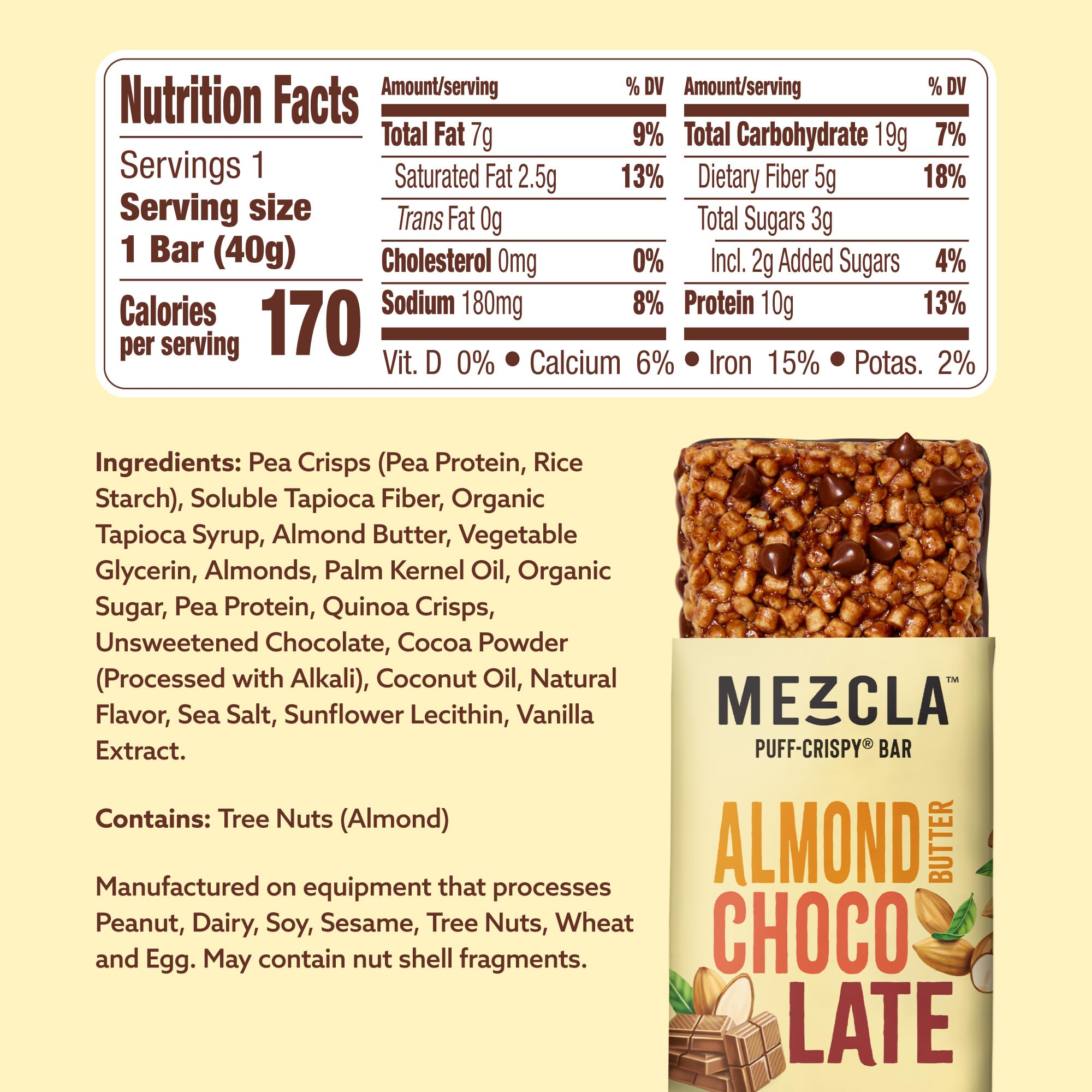 Mezcla Puff-Crispy Plant Based Protein Bars - Almond Butter Chocolate - Healthy Snacks for Adults & Kids - Perfect School, Travel, & Office Snacks