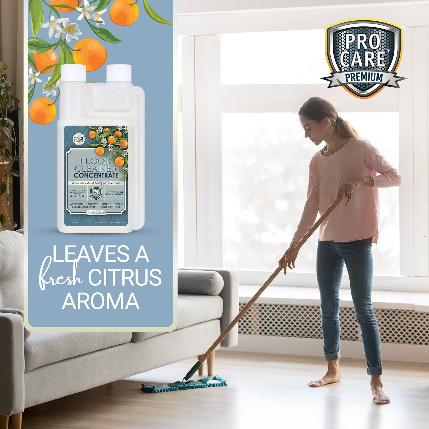 ProCare Citrus Floor Cleaner Concentrate (Made in USA) | Streak-free Cleaner for Vinyl, Wood, Tile, Stone & Laminate Floor Cleaner For Mopping
