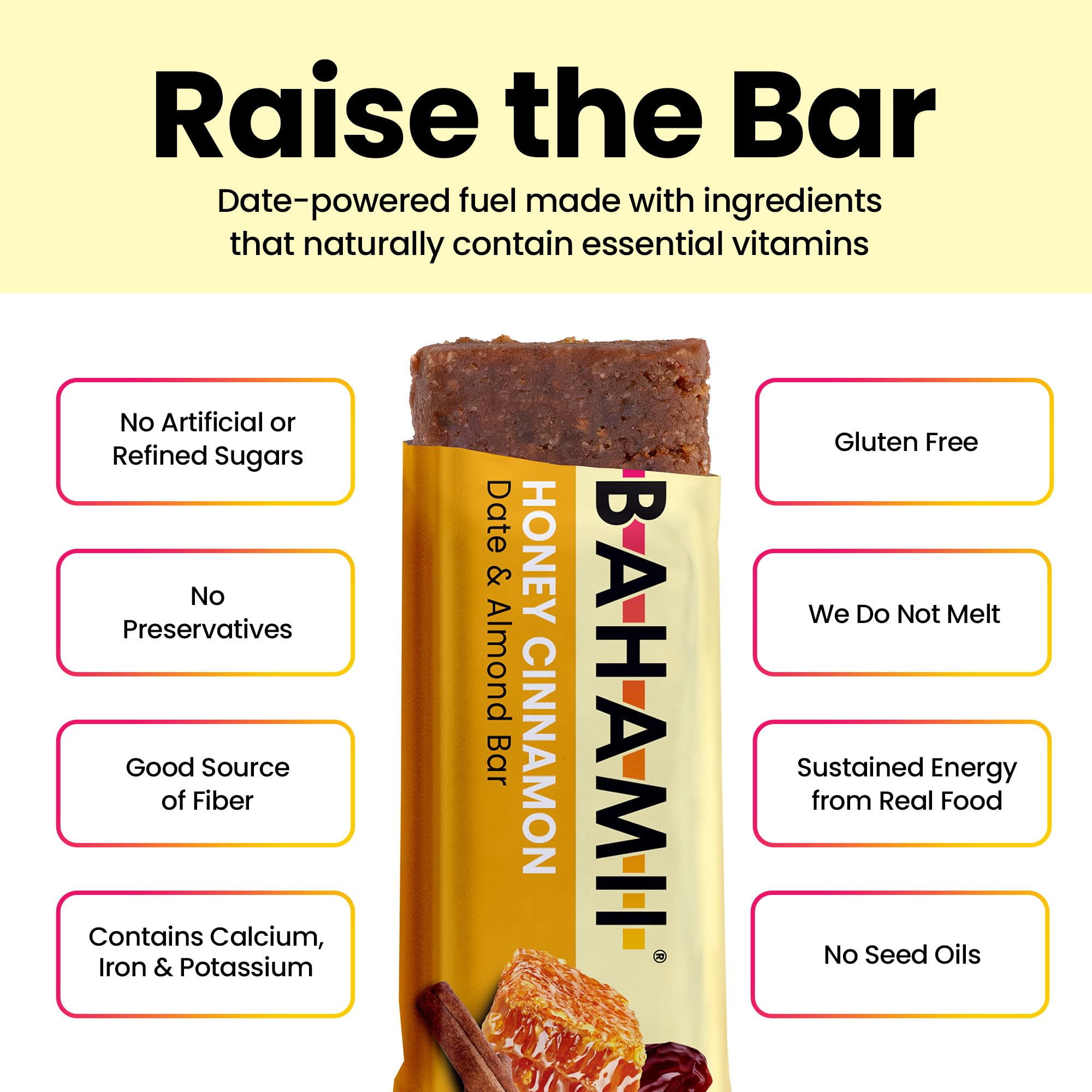 Bahamii Honey Cinnamon Date and Energy Bars, Healthy Snacks and Breakfast Bars for Kids and Adults, Paleo, Gluten Free, High Fiber, Dairy Free, Plant