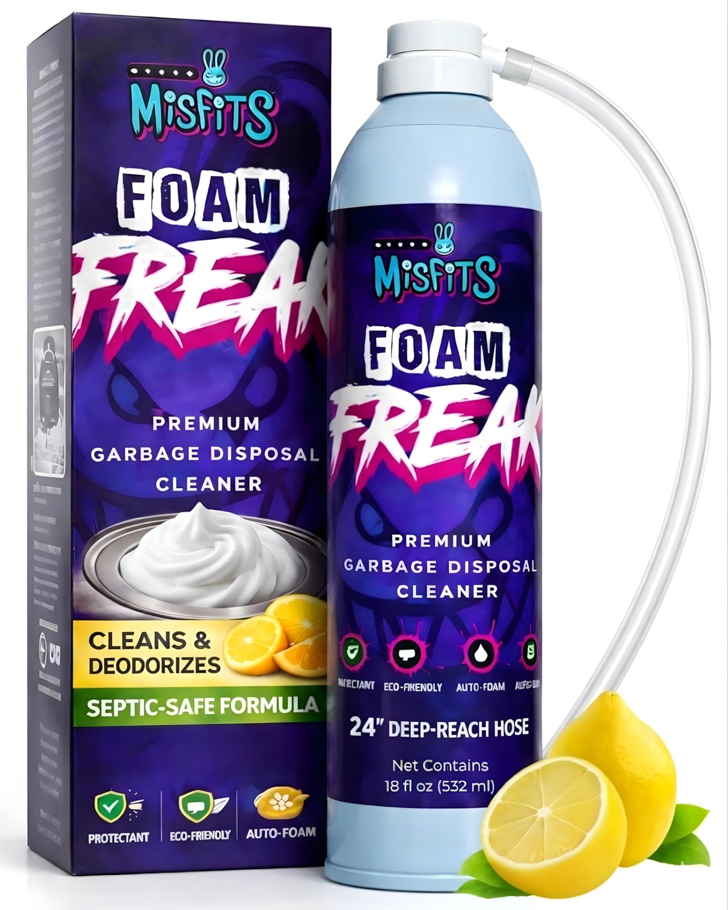 Micro Misfits Foaming Garbage Disposal Cleaner & Deodorizer | Probiotic Enzymatic Formula | Lemon Scent | 24-Inch Hose | 1-Year Supply | Foam Drain