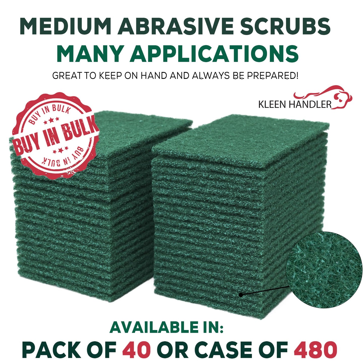 Kleen Handler Green Medium Duty Cleaning Pads - Medium Duty Kitchen Scrub Sponges, Scouring Pads for Washing Dishes, Bathroom, Restaurant Cleaning