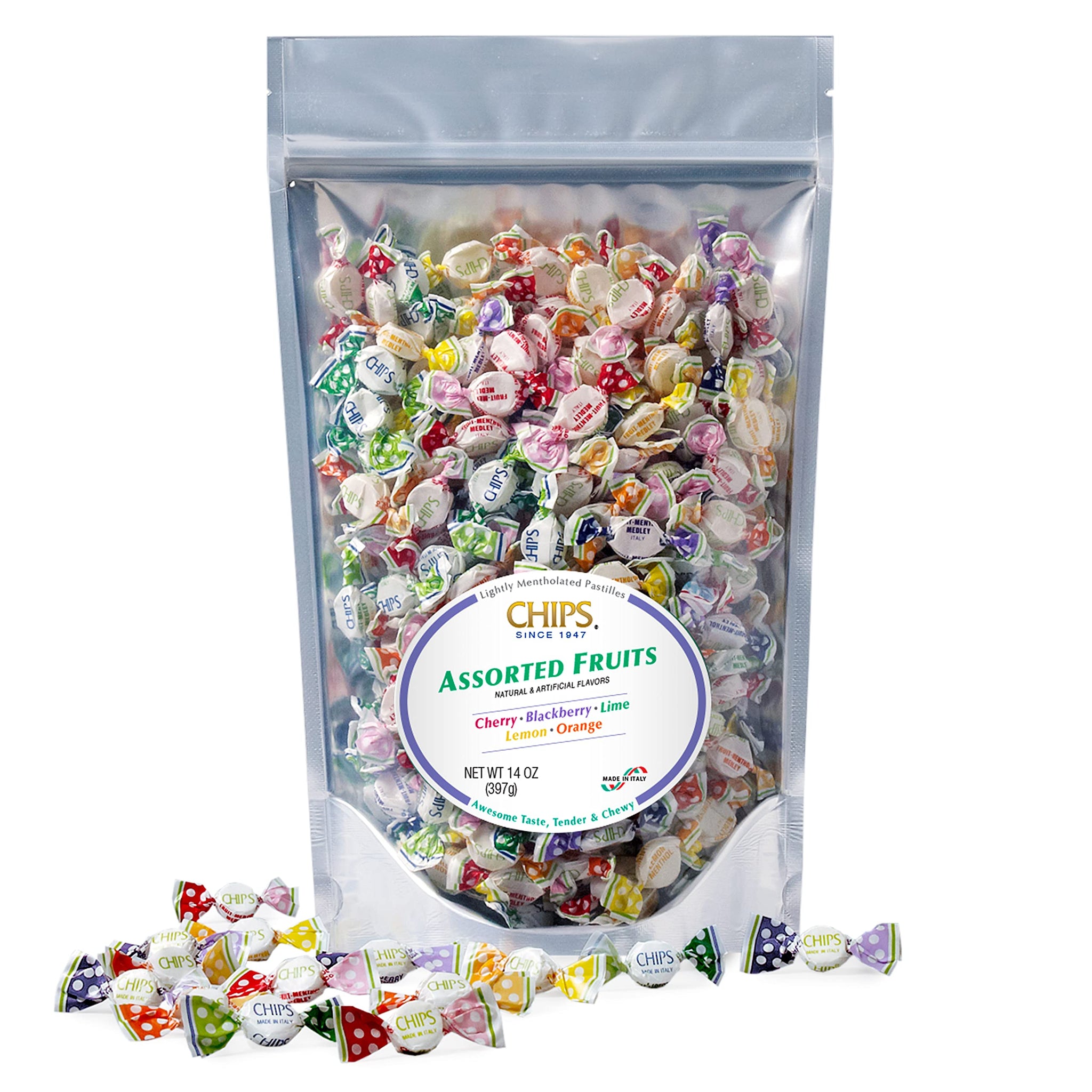 CHIPS Lightly Mentholated Italian Pastilles, Gourmet Individually Wrapped Fruit Candy Assortment, Cherry Blackberry Lime Lemon Orange, Vegan Gluten