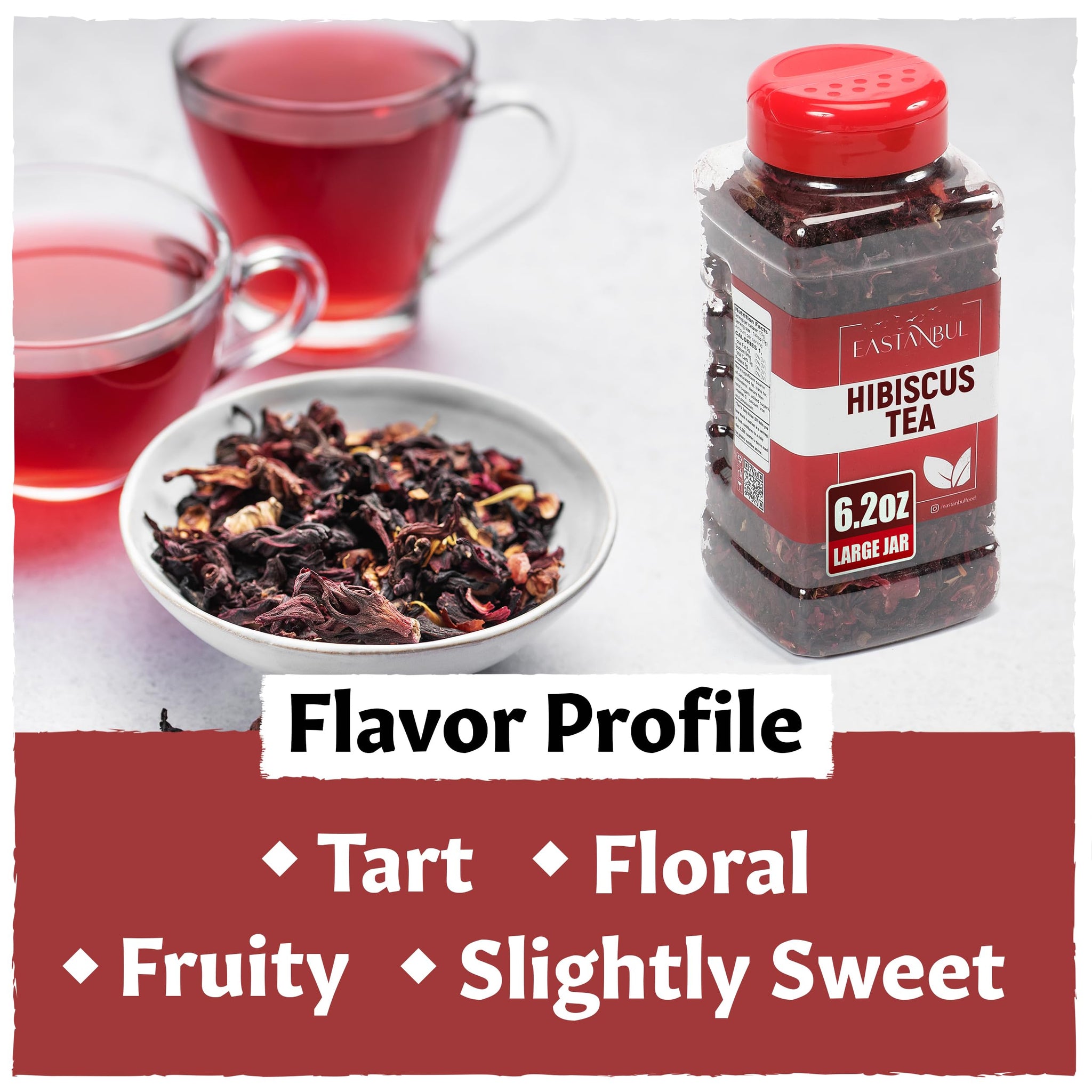 Eastanbul Hibiscus Tea Loose Leaf, 6.2oz, Mediterranean Hibiscus Flower Tea, Jamaica Leaves, Flor de Jamaica, Dried, Natural, Caffeine Free, Vegan
