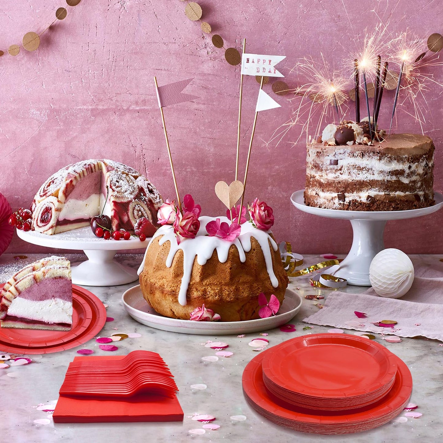 WYQJHKV Red Party Supplies Set Include Red Paper Plates and Napkins party supplies,Severs 25 Guests Dessert Plates,Disposable Cake Plates Paper Plate