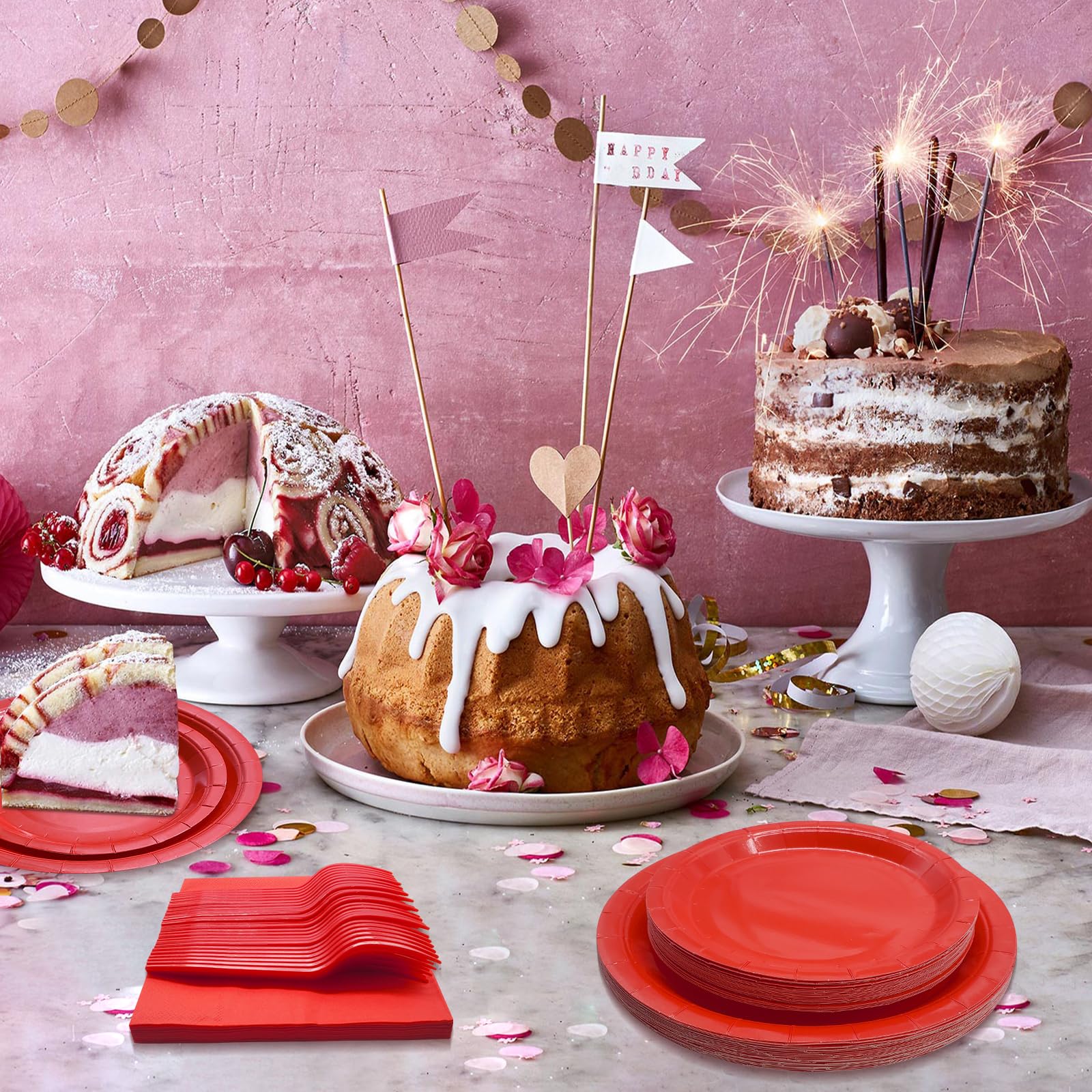 WYQJHKV Red Party Supplies Set Include Red Paper Plates and Napkins party supplies,Severs 25 Guests Dessert Plates,Disposable Cake Plates Paper Plate