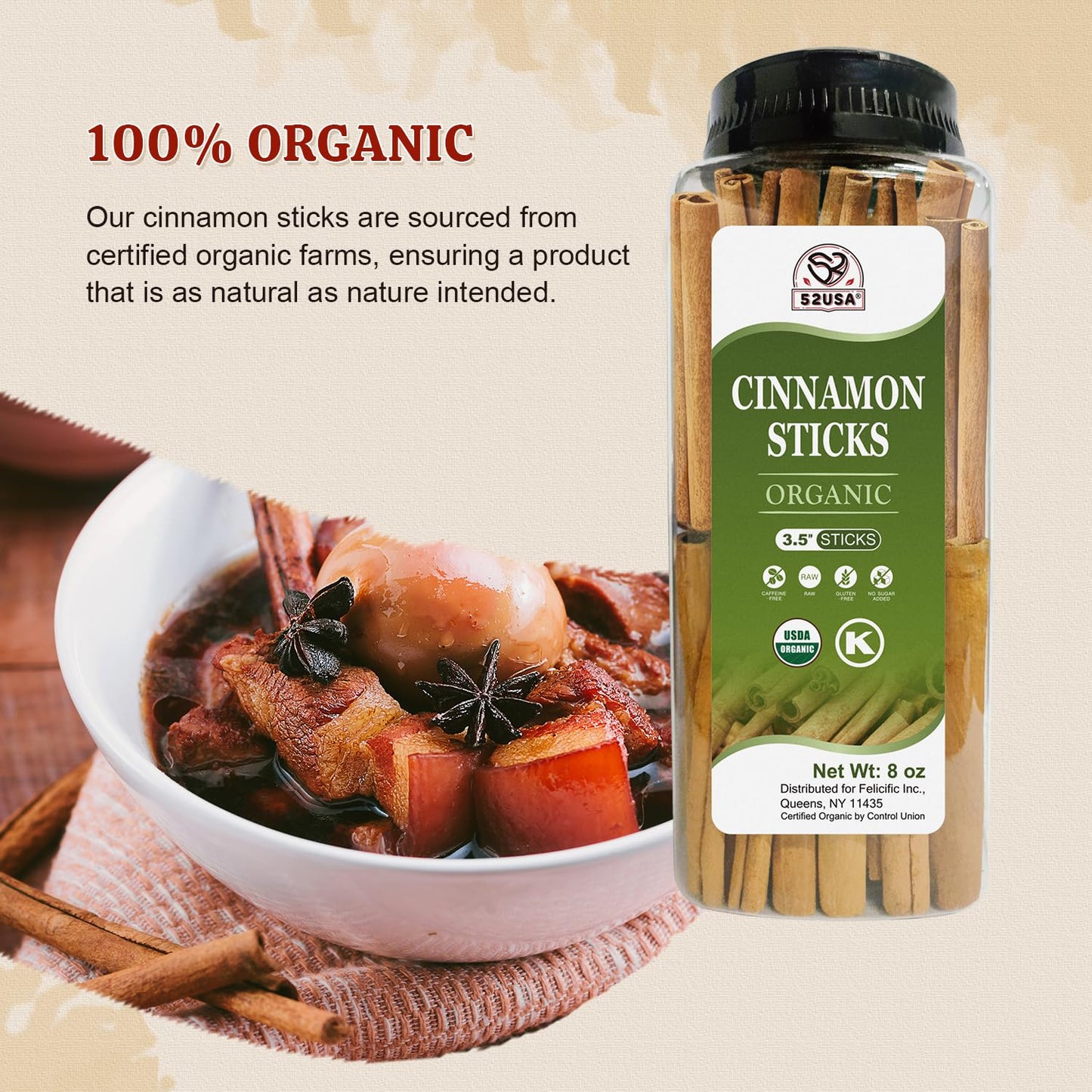 52USA Organic Cinnamon Sticks, Cinnamon 8oz (226g), Cinnamon Sticks Whole, 100% Raw, USDA & Kosher Certified, Gluten Free, Non-GMO, Pure & Fresh