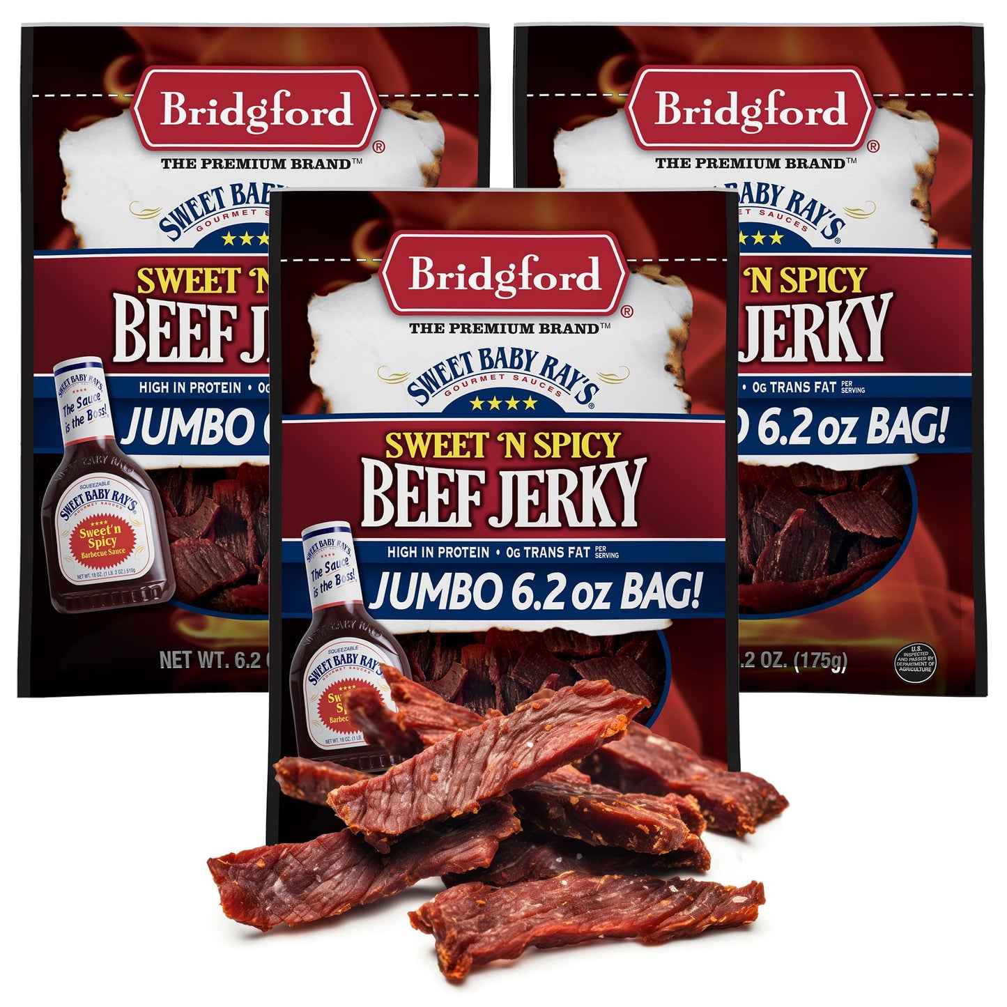 Bridgford Sweet Baby Ray’s Beef Jerky Sweet N Spicy 6.2 oz Pack of 3 - High Protein Sweetened Spicy Beef Jerky for Your Dietary Preference