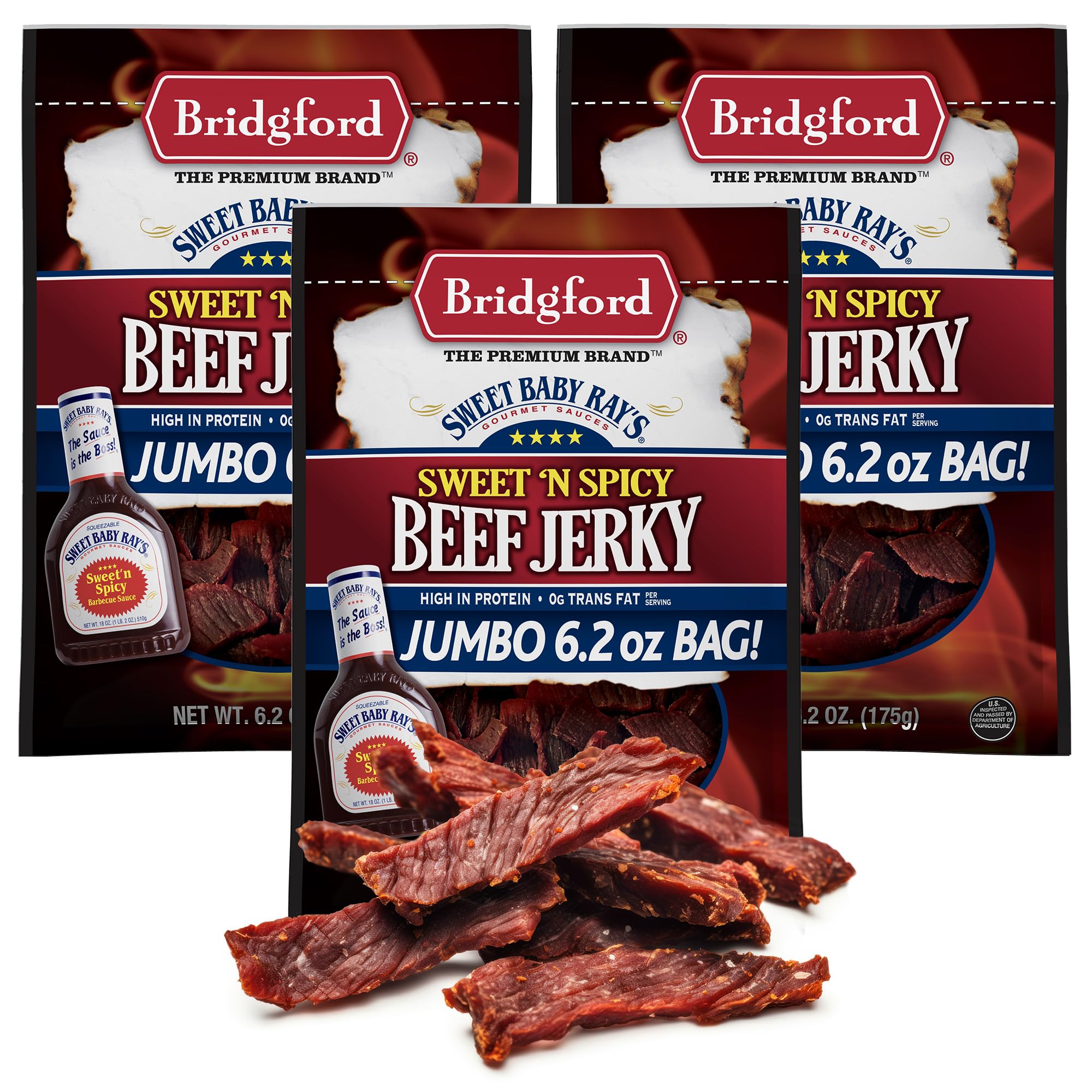 Bridgford Sweet Baby Ray’s Beef Jerky Sweet N Spicy 6.2 oz Pack of 3 - High Protein Sweetened Spicy Beef Jerky for Your Dietary Preference