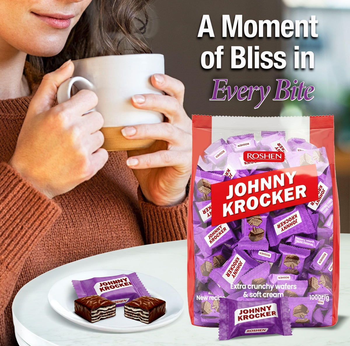 Roshen Johnny Krocker Dark Cocoa Wafers - 2.2 lb (1kg) Bulk Pack of Individually Wrapped Extra Crunchy Cocoa Wafers with Soft Milky White Cream