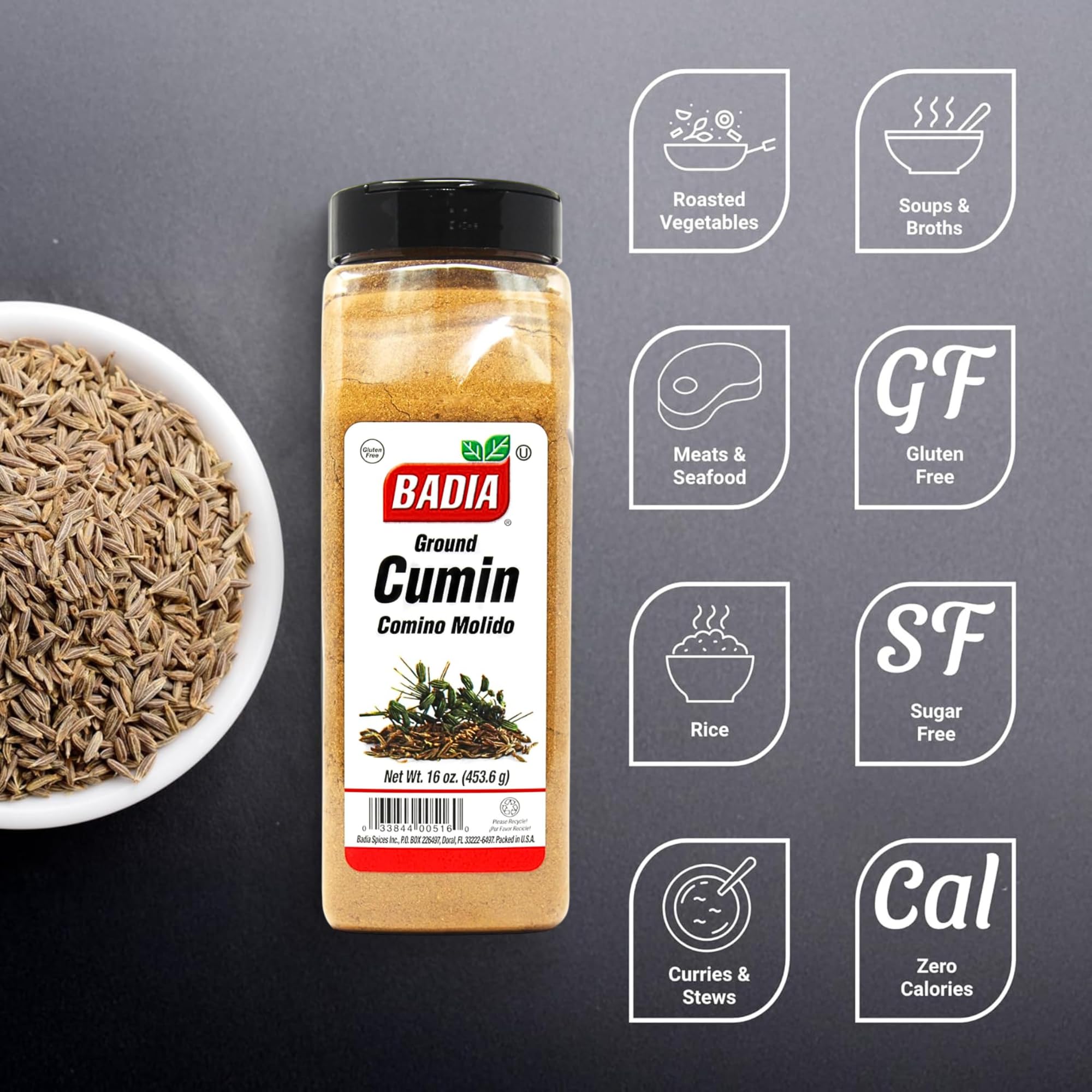 Badia Ground Cumin, 16 oz - Comino Powder for Authentic Aromatic Flavor in Cooking, Baking & Seasoning