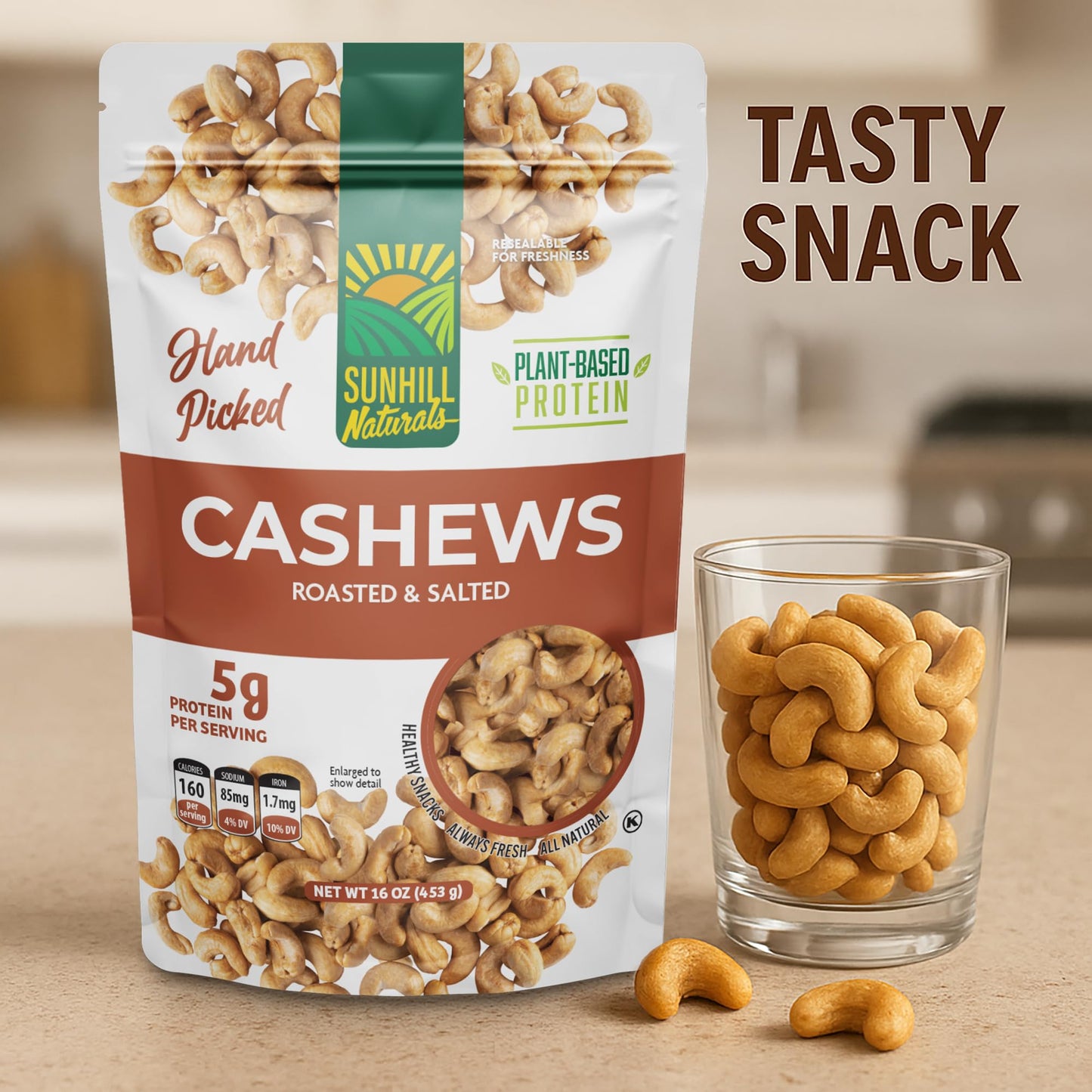 Sunhill Naturals Cashews Roasted Lightly Salted | Dry Roasted & Salted Cashews | Deluxe Nuts for Healthy Snacking | Protein Snacks for Adults |