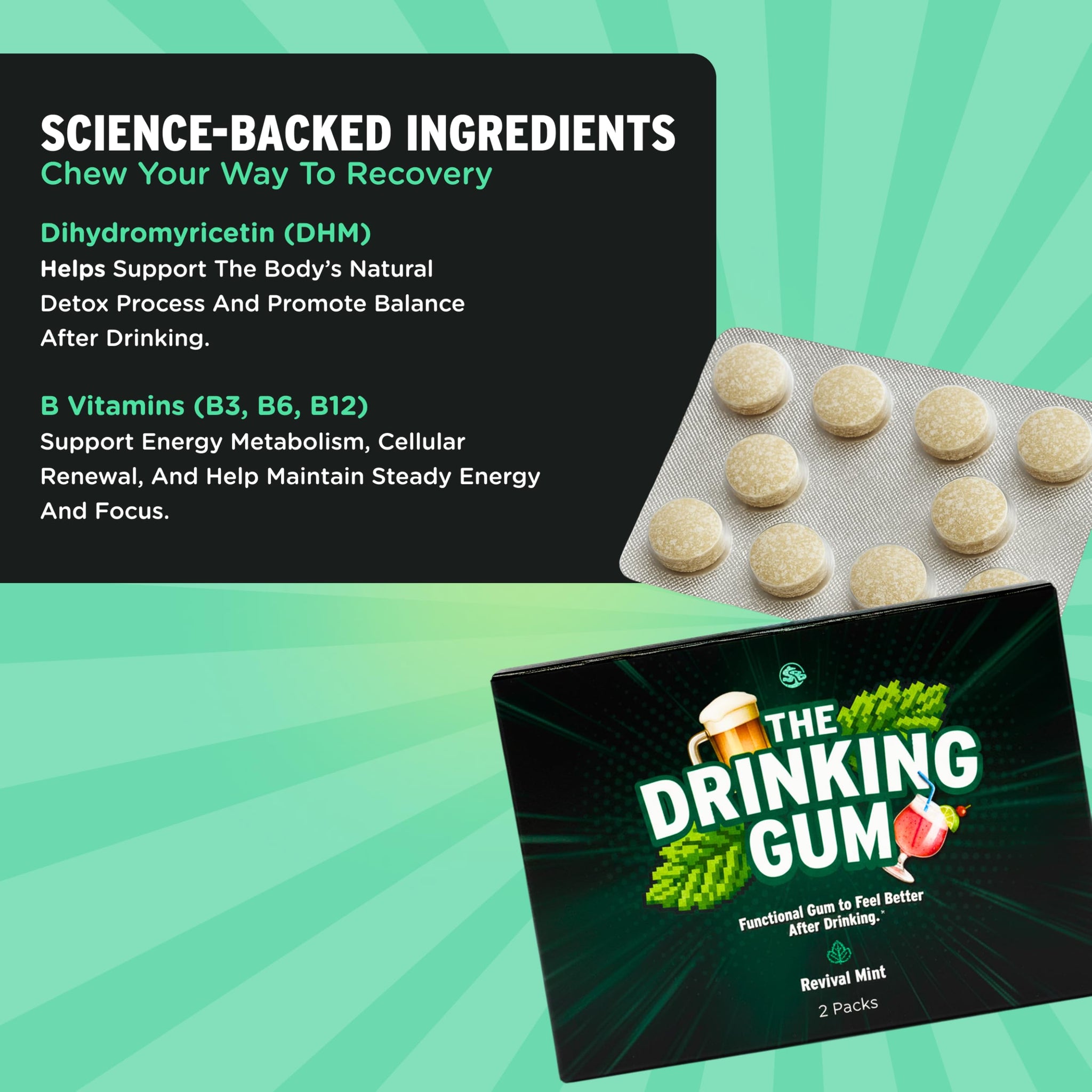 SuperBonsai The Drinking Gum - Revival Mint, Functional Chewing Gum with DHM and B Vitamins B3 B6 B12, Cool Mint Flavor for Nights Out, Celebrations