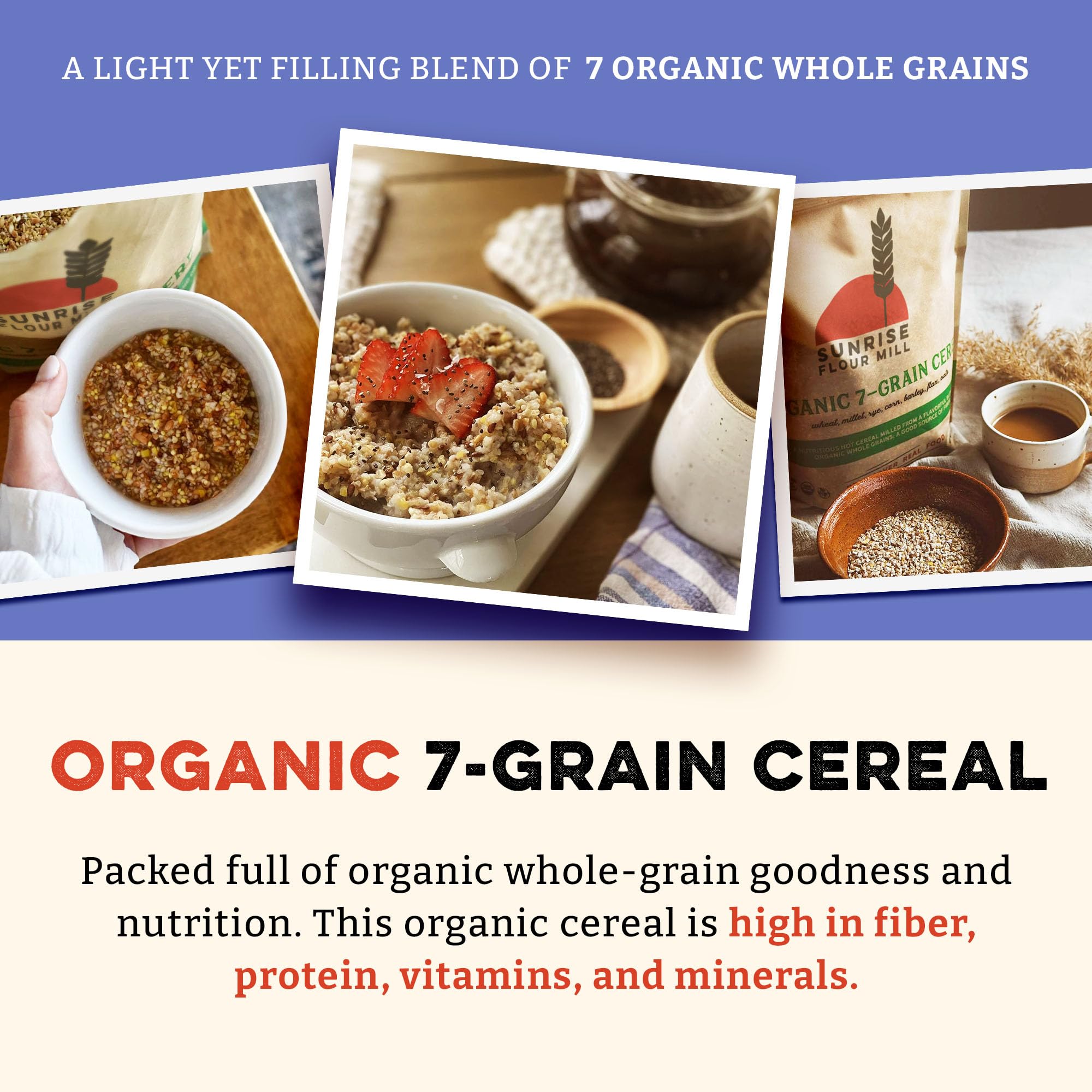 Sunrise Flour Mill USDA Organic Heritage 7-Grain Hot Cereal Mix - 32 oz | Great Source of Fiber and Nutrients | Sugar Free with No Additives | 5 Grams