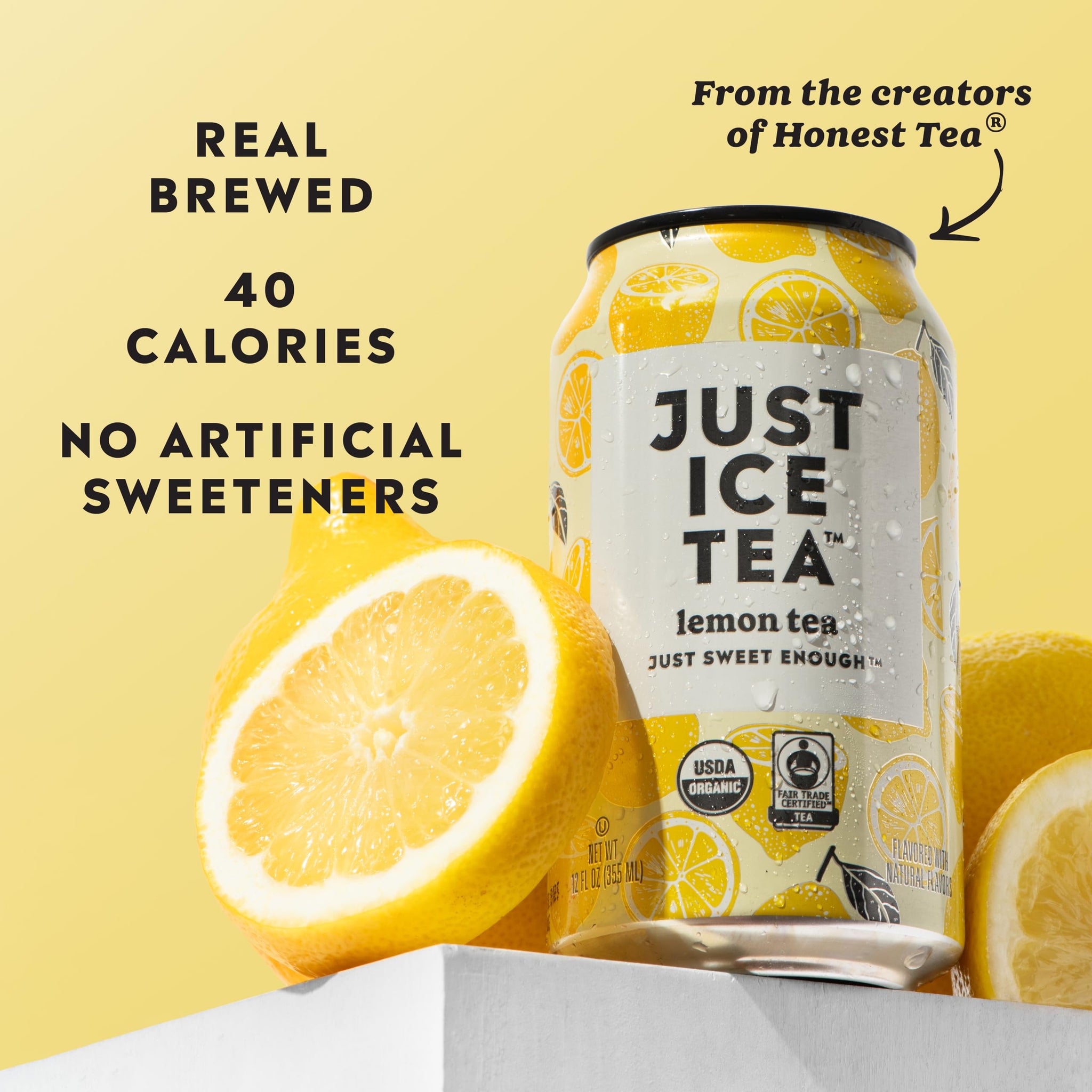Just Ice Tea, Lemon Flavored Black Iced Tea, 24-Pack (12oz Cans), USDA Certified Organic, Real Brewed, Low Calorie, No Artificial Sweeteners, Fair