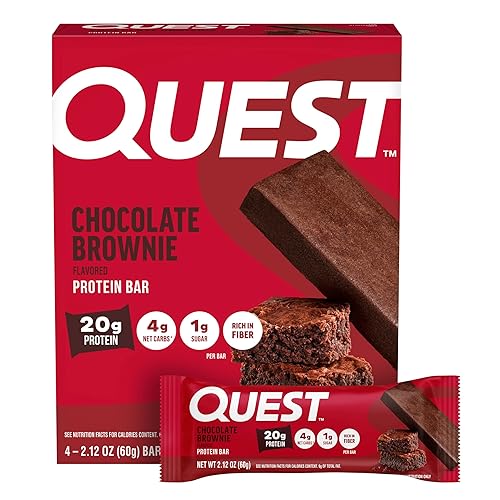 Quest Nutrition Chocolate Brownie Protein Bars, 20g Protein, 4g Net Carbs, 1g Sugar, High Fiber, Gluten Free, Keto Friendly, 4 Count