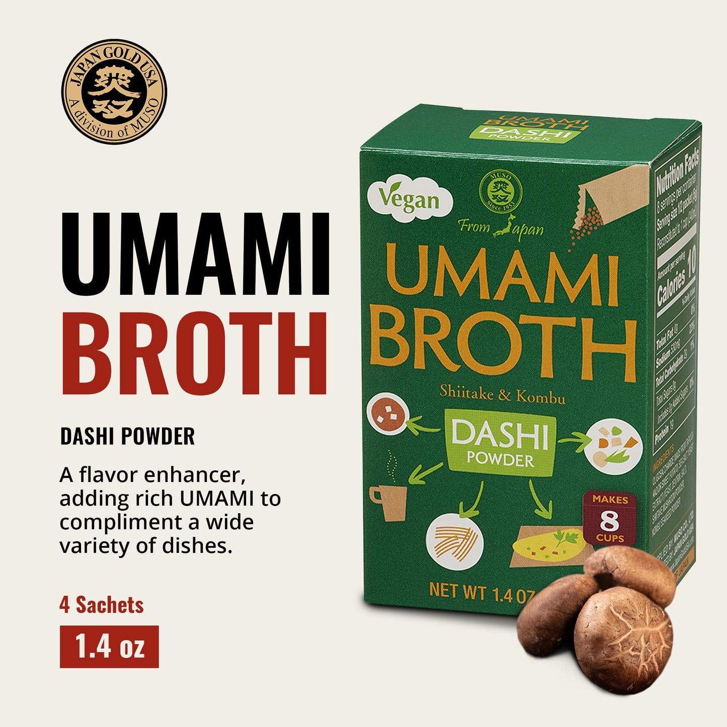 Muso From Japan - Umami Broth Dashi Powder, Vegan - 1.4oz, 4 Sachets (Pack of 1)
