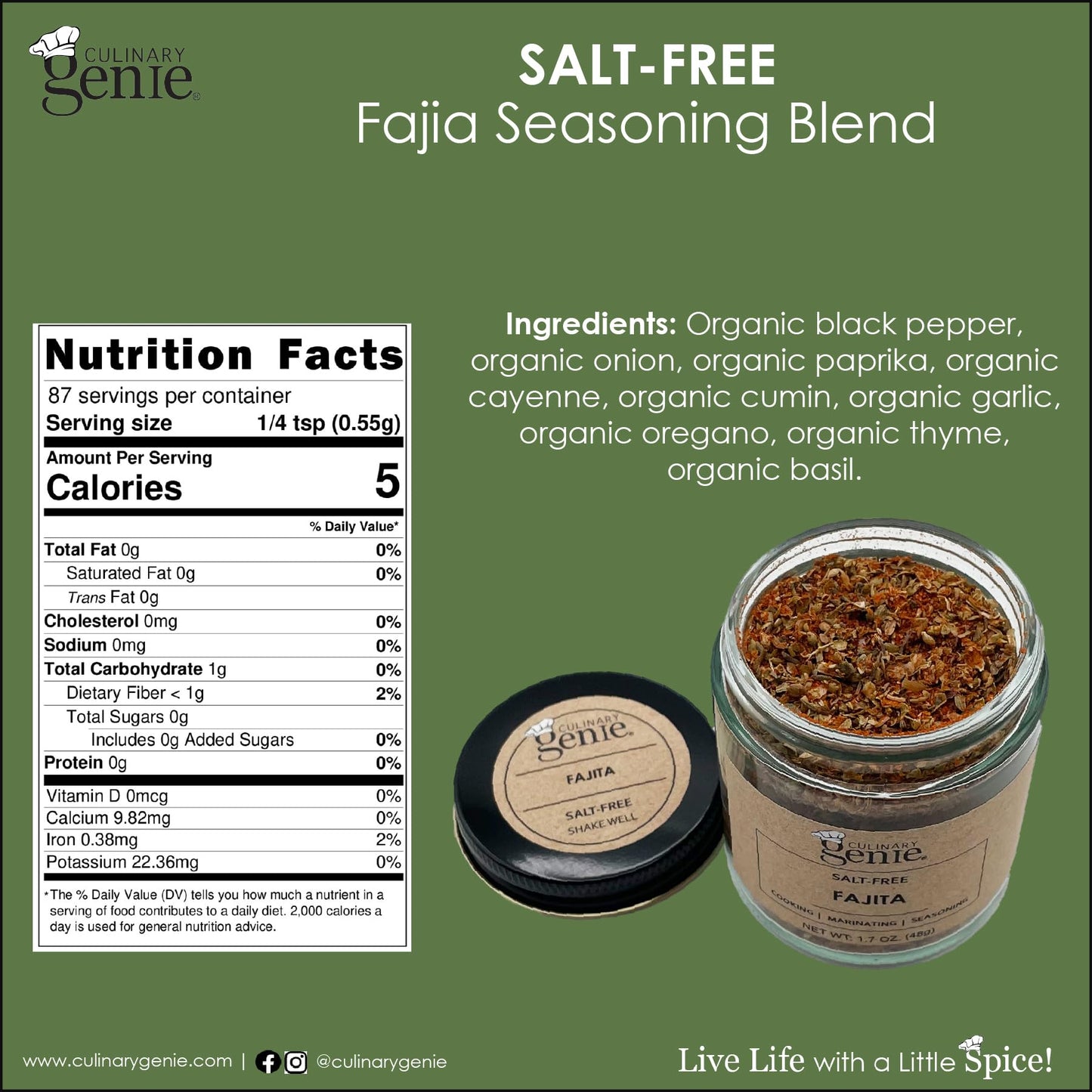 Culinary Genie Salt-Free Fajita Seasoning Blend - Classic Fajita Spice Mix, No Salt Added