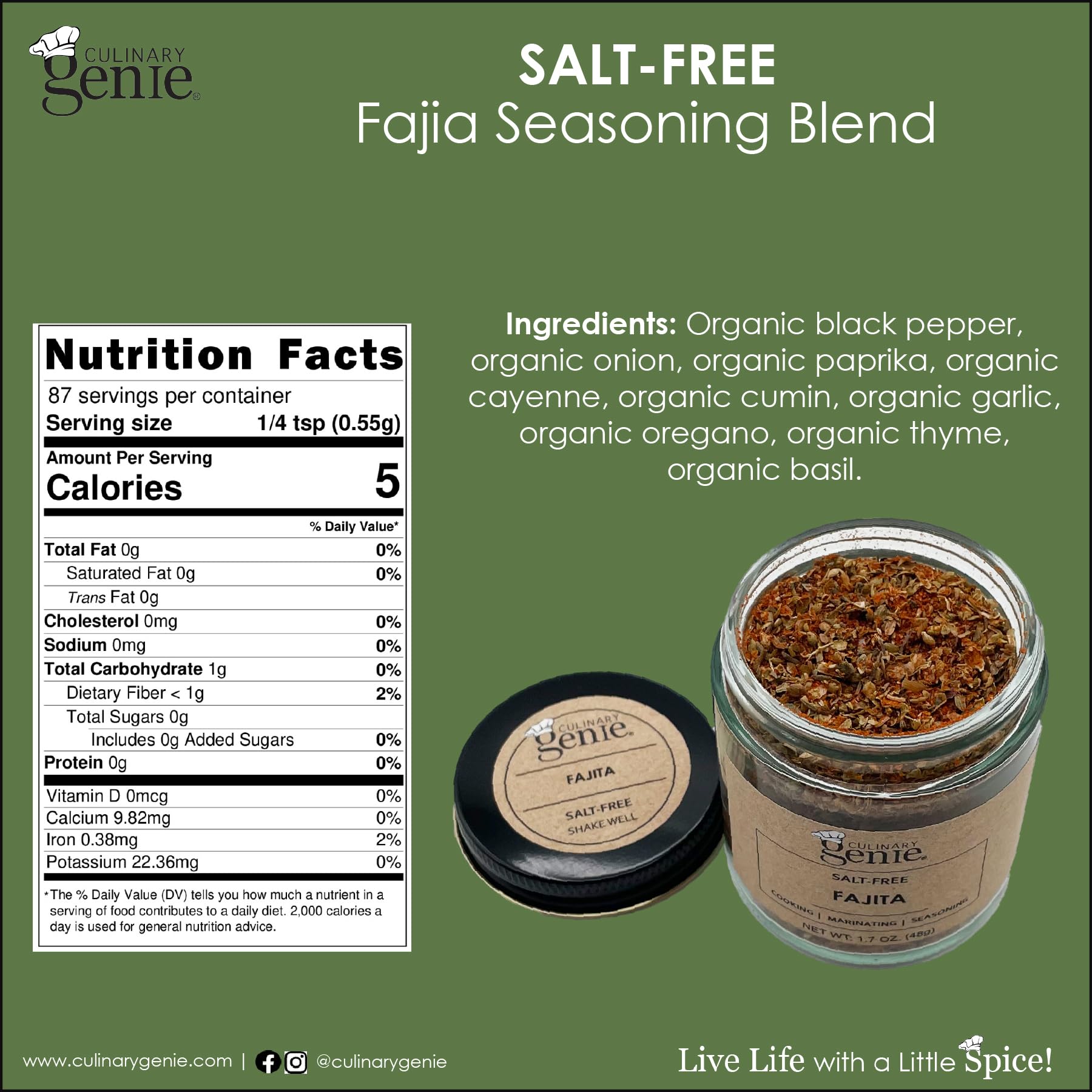 Culinary Genie Salt-Free Fajita Seasoning Blend - Classic Fajita Spice Mix, No Salt Added