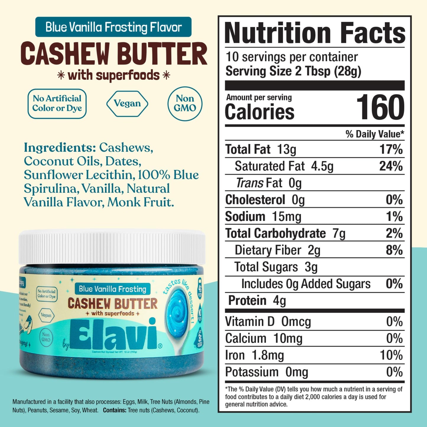 ELAVI Keto Cashew Butter, Kid-Friendly, Low-Sugar Dessert Spread | Vegan, No Added Sugar, No Sugar Alcohols, No Palm Oil (1 Count, Blue Vanilla)