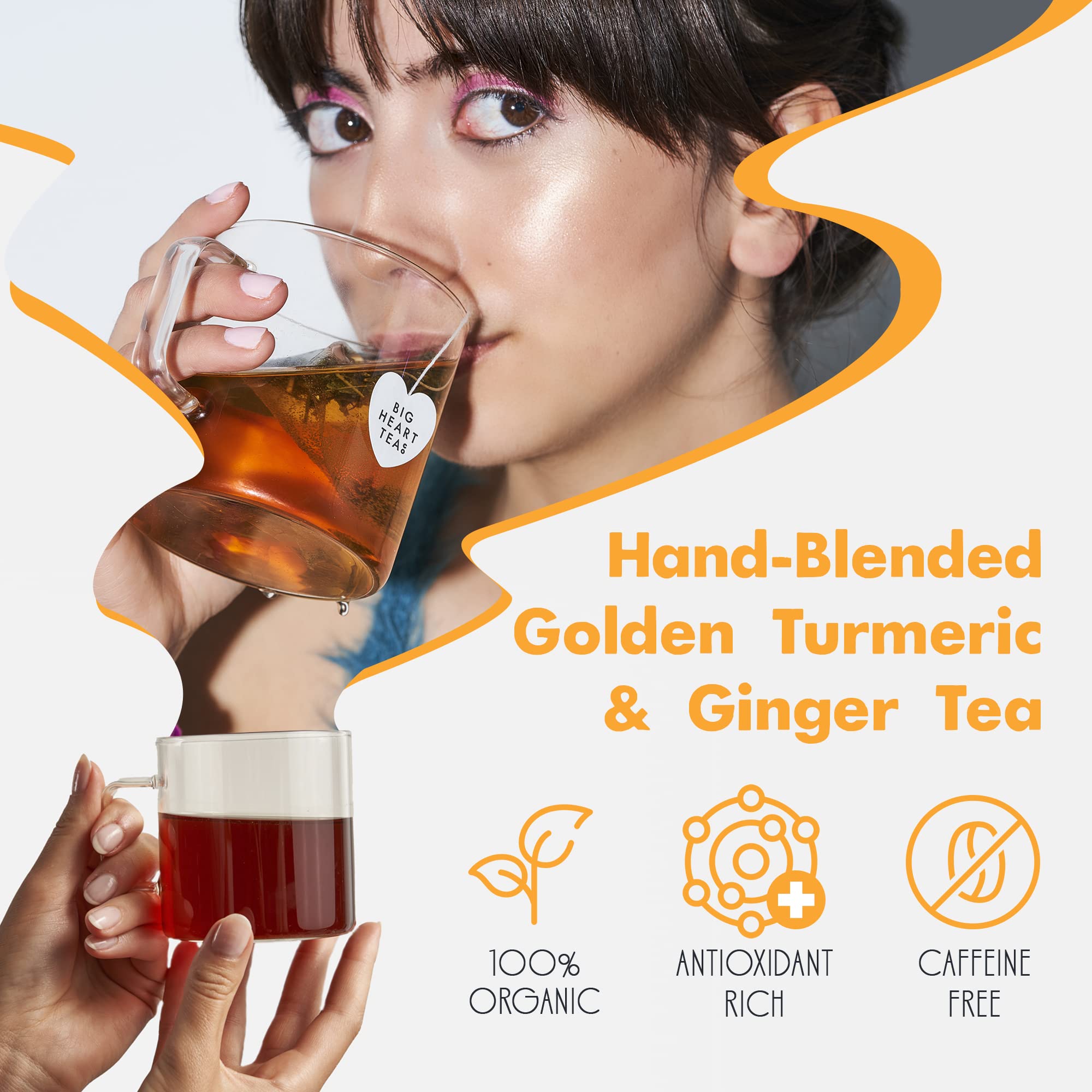 Big Heart Tea Co. Tea Bags - Cup of Sunshine Turmeric and Ginger - Certified Organic, Ayurvedic Herbal Decaf Tea with Small Batch Ground Herbs